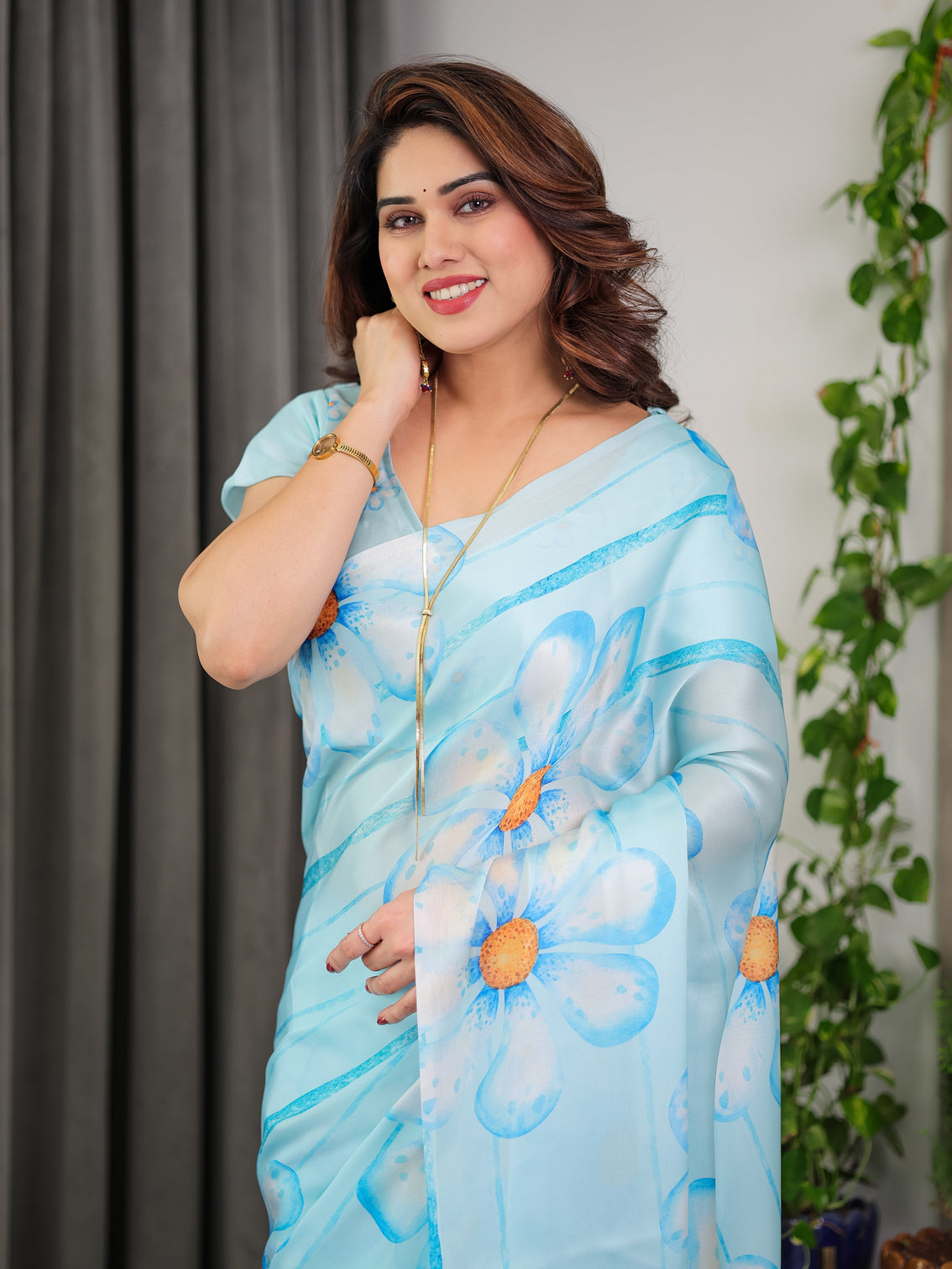 Sky blue satin georgette floral printed saree with attached blouse lightweight designer drape for festive everyday elegance