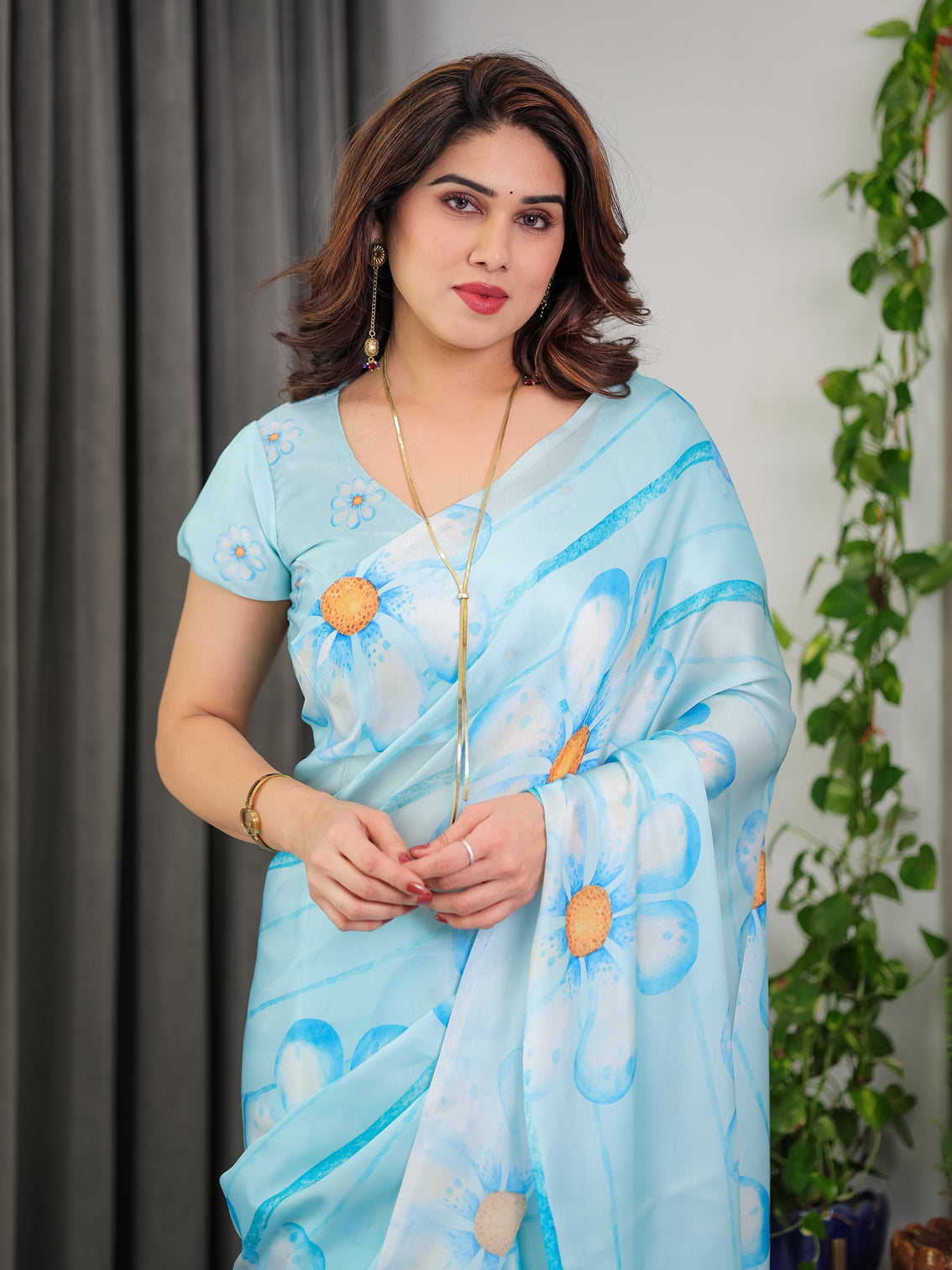 Sky blue satin georgette floral printed saree with attached blouse lightweight designer drape for festive everyday elegance