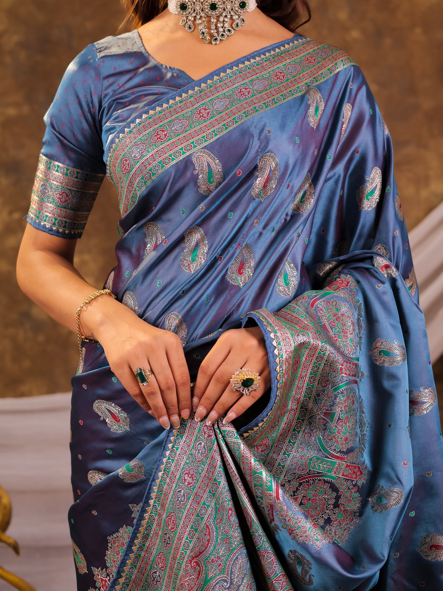 Steel Blue Kanjivaram Banarasi Satin Silk Saree with Antique Silver Zari Weaving, Heritage Pallu & Tassel Detailing