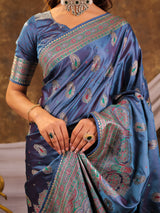 Steel Blue Kanjivaram Banarasi Satin Silk Saree with Antique Silver Zari Weaving, Heritage Pallu & Tassel Detailing