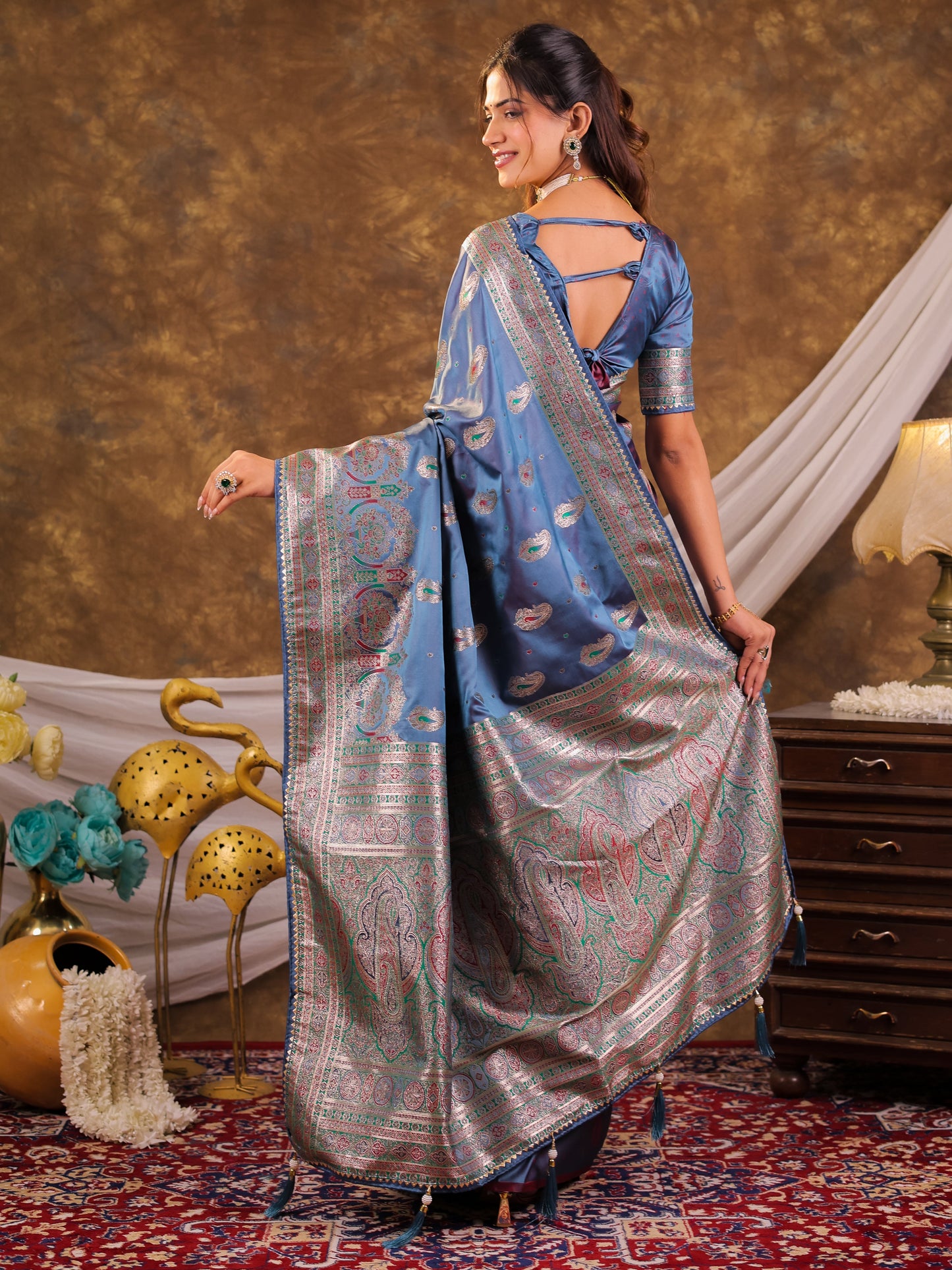 Steel Blue Kanjivaram Banarasi Satin Silk Saree with Antique Silver Zari Weaving, Heritage Pallu & Tassel Detailing