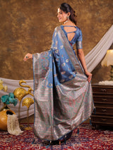 Steel Blue Kanjivaram Banarasi Satin Silk Saree with Antique Silver Zari Weaving, Heritage Pallu & Tassel Detailing