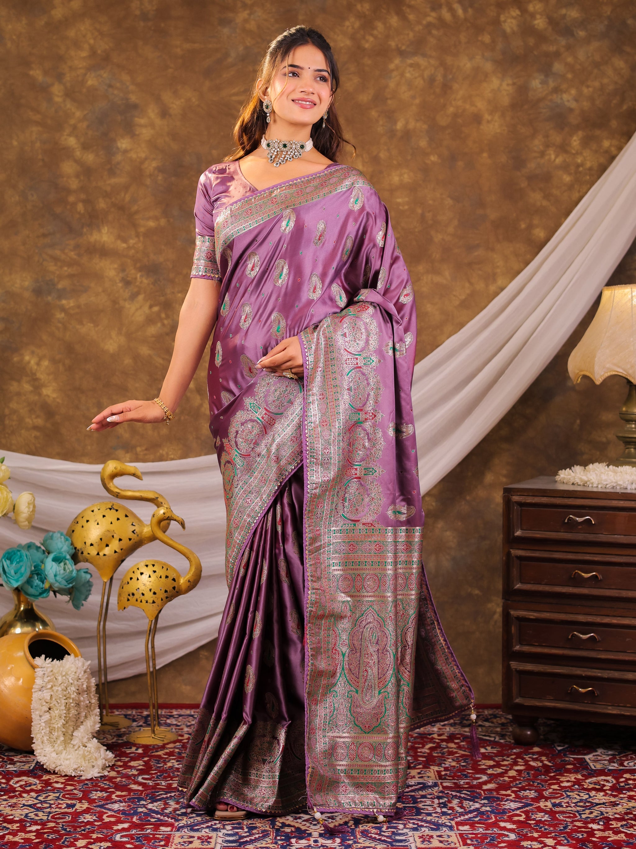 Lavender Purple Kanjivaram Banarasi Satin Silk Saree with Antique Silver Zari Weaving, Heritage Pallu & Tassel Detailing