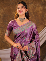 Lavender Purple Kanjivaram Banarasi Satin Silk Saree with Antique Silver Zari Weaving, Heritage Pallu & Tassel Detailing