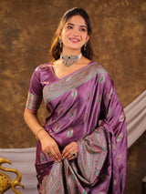 Lavender Purple Kanjivaram Banarasi Satin Silk Saree with Antique Silver Zari Weaving, Heritage Pallu & Tassel Detailing