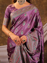 Lavender Purple Kanjivaram Banarasi Satin Silk Saree with Antique Silver Zari Weaving, Heritage Pallu & Tassel Detailing