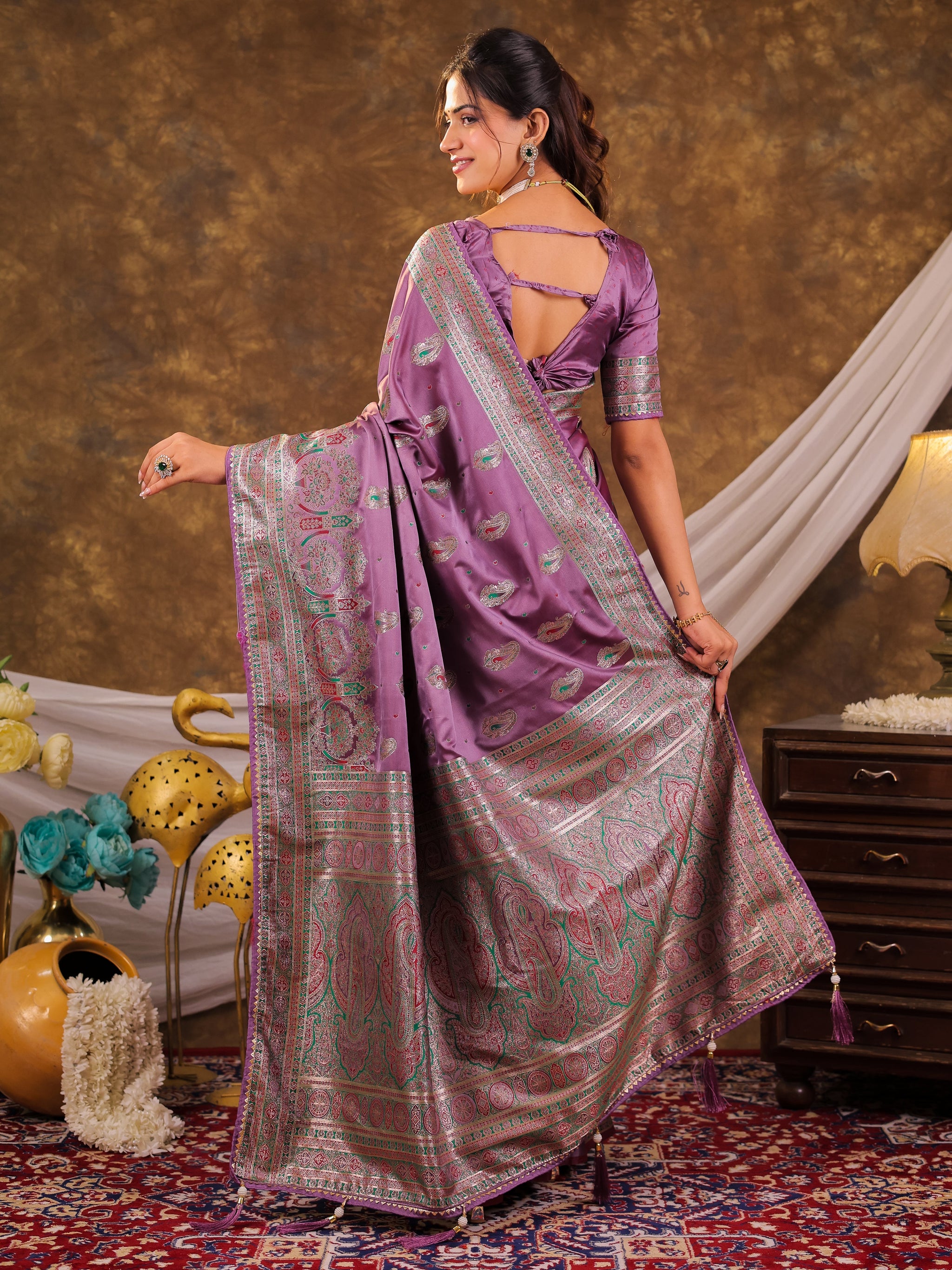 Lavender Purple Kanjivaram Banarasi Satin Silk Saree with Antique Silver Zari Weaving, Heritage Pallu & Tassel Detailing