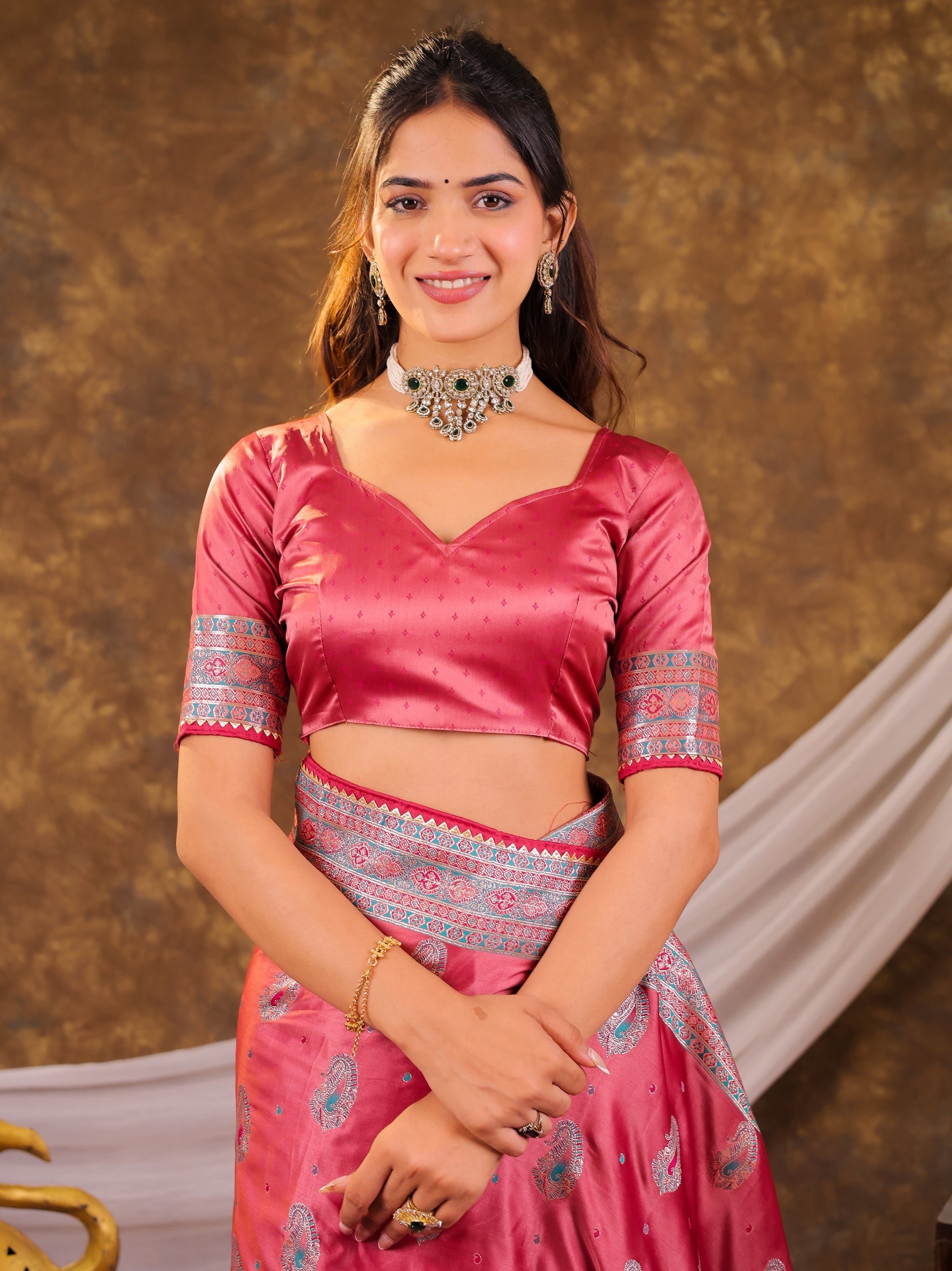 Rose Pink Kanjivaram Banarasi Satin Silk Saree with Antique Silver Zari Weaving, Heritage Pallu & Tassel Detailing