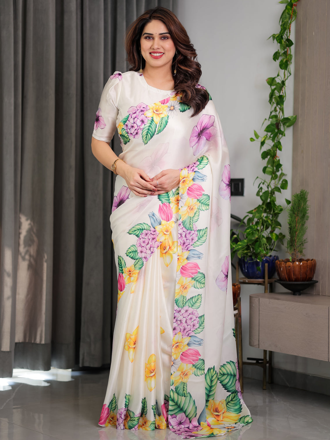 Ivory white floral garden print satin georgette saree with multicolor tropical flowers designer attached blouse mameraa