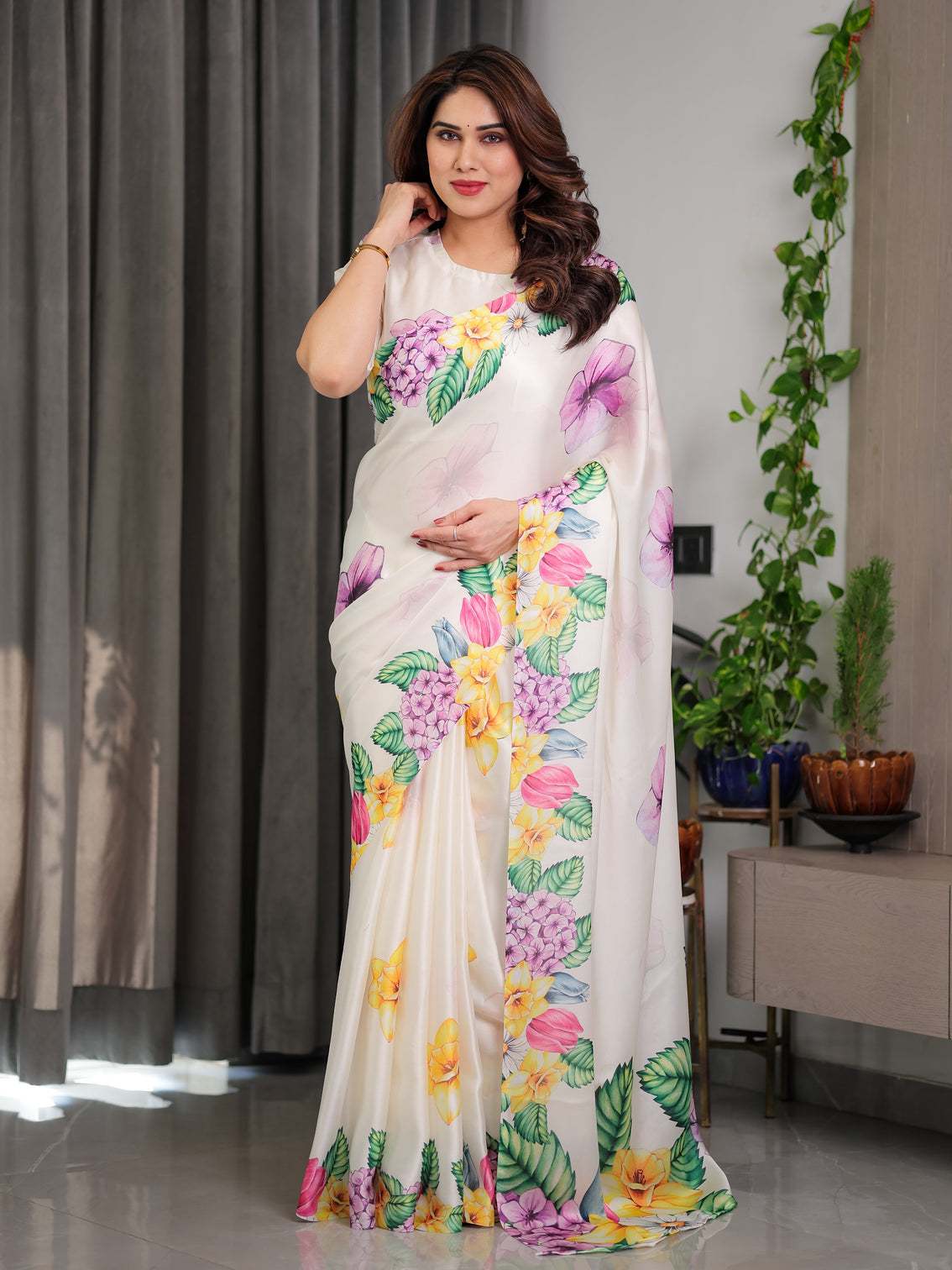 Ivory white floral garden print satin georgette saree with multicolor tropical flowers designer attached blouse