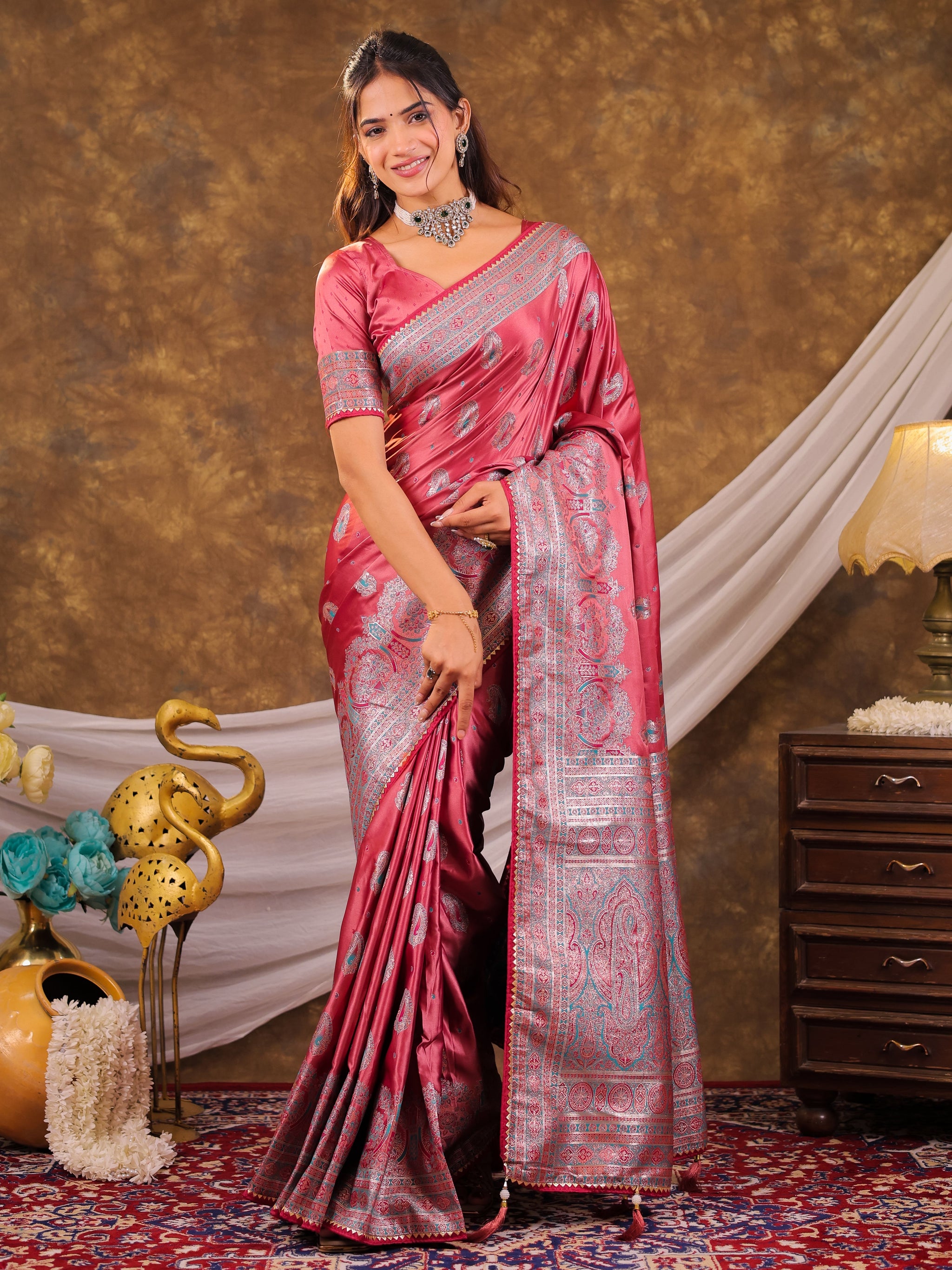 Rose Pink Kanjivaram Banarasi Satin Silk Saree with Antique Silver Zari Weaving, Heritage Pallu & Tassel Detailing