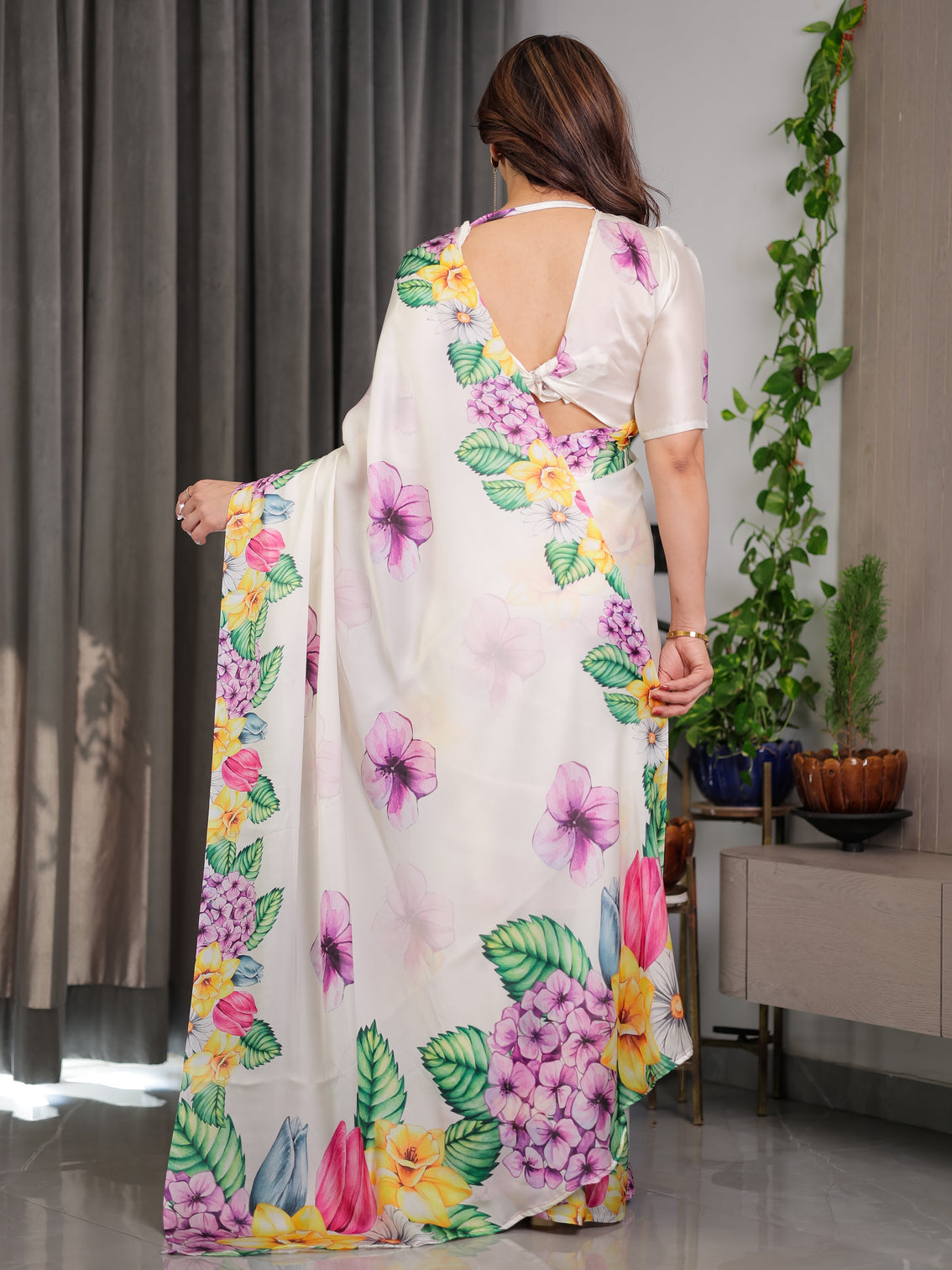 Ivory white floral garden print satin georgette saree with multicolor tropical flowers designer attached blouse