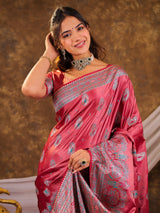 Rose Pink Kanjivaram Banarasi Satin Silk Saree with Antique Silver Zari Weaving, Heritage Pallu & Tassel Detailing