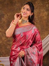 Rose Pink Kanjivaram Banarasi Satin Silk Saree with Antique Silver Zari Weaving, Heritage Pallu & Tassel Detailing