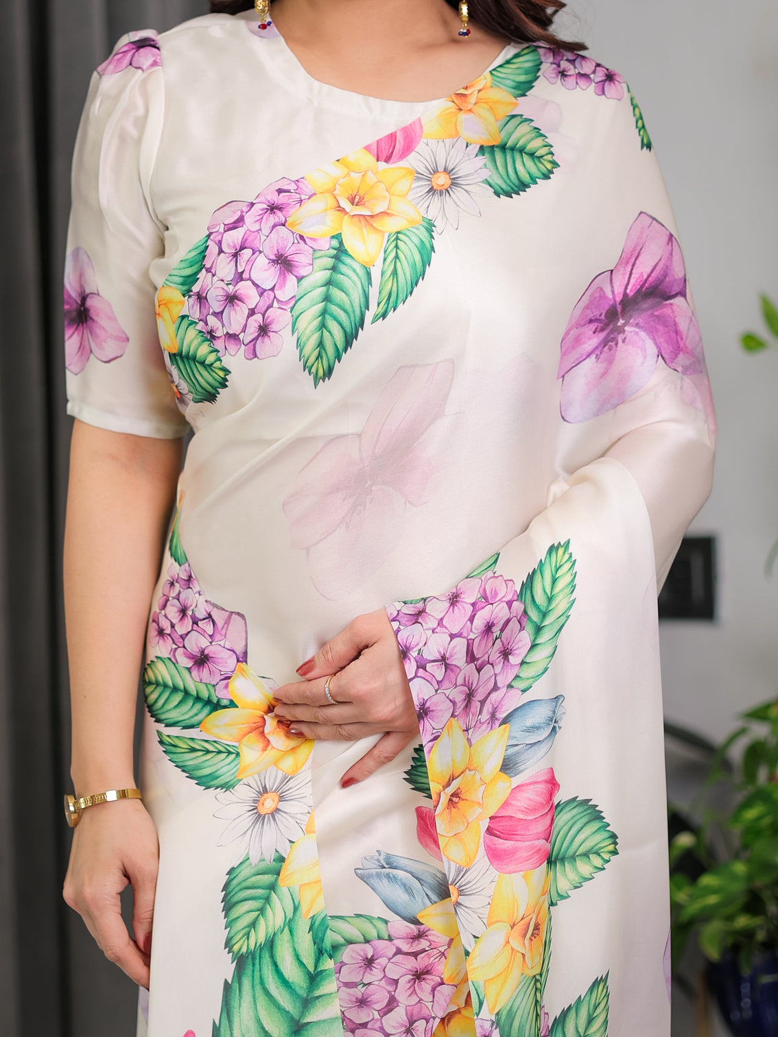 Ivory white floral garden print satin georgette saree with multicolor tropical flowers designer attached blouse