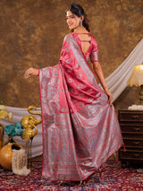 Rose Pink Kanjivaram Banarasi Satin Silk Saree with Antique Silver Zari Weaving, Heritage Pallu & Tassel Detailing