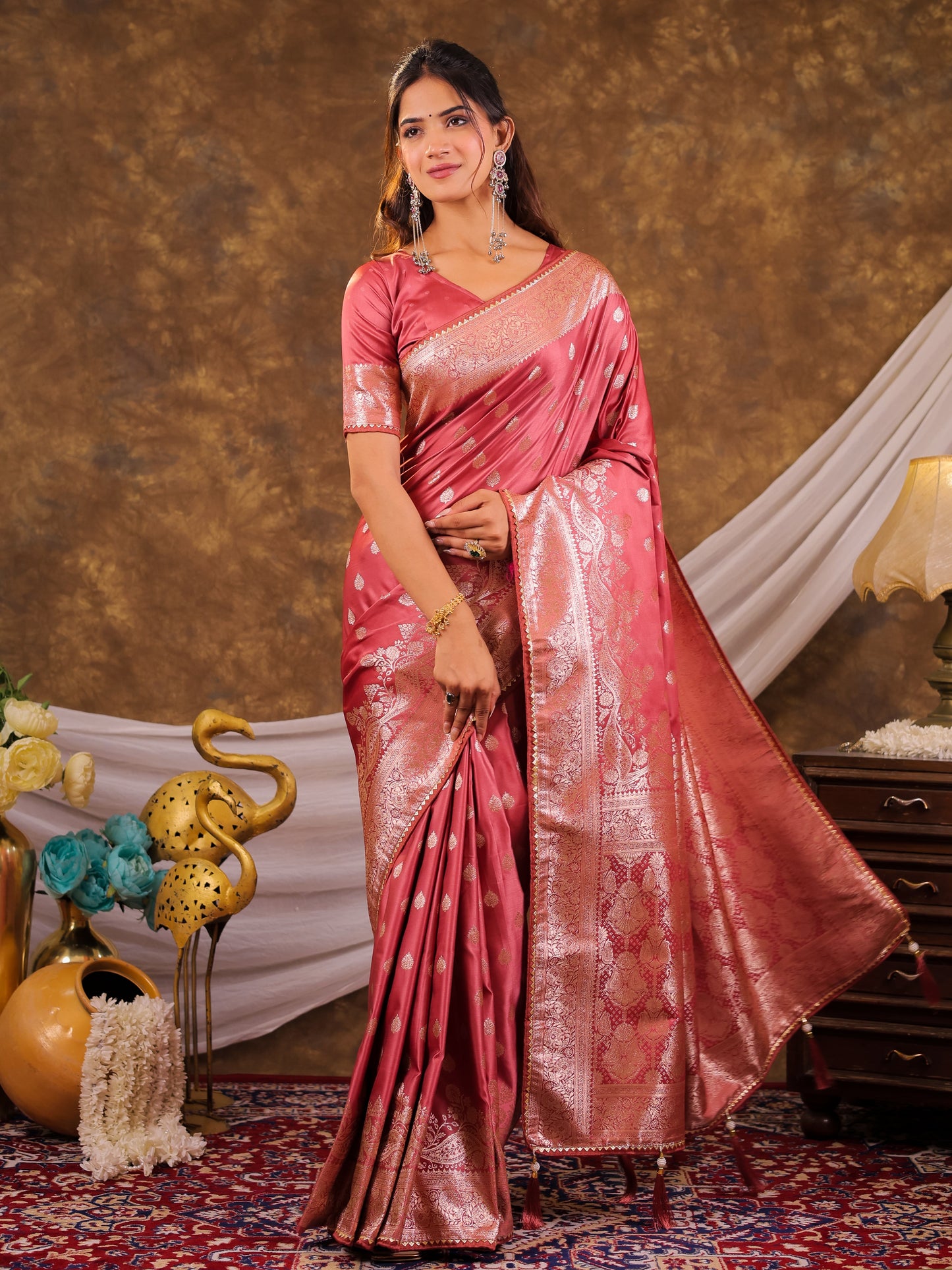 Rose Pink Kanjivaram Banarasi Satin Silk Saree with Antique Silver Zari Weaving, Rich Heritage Pallu & Tassel Detailing