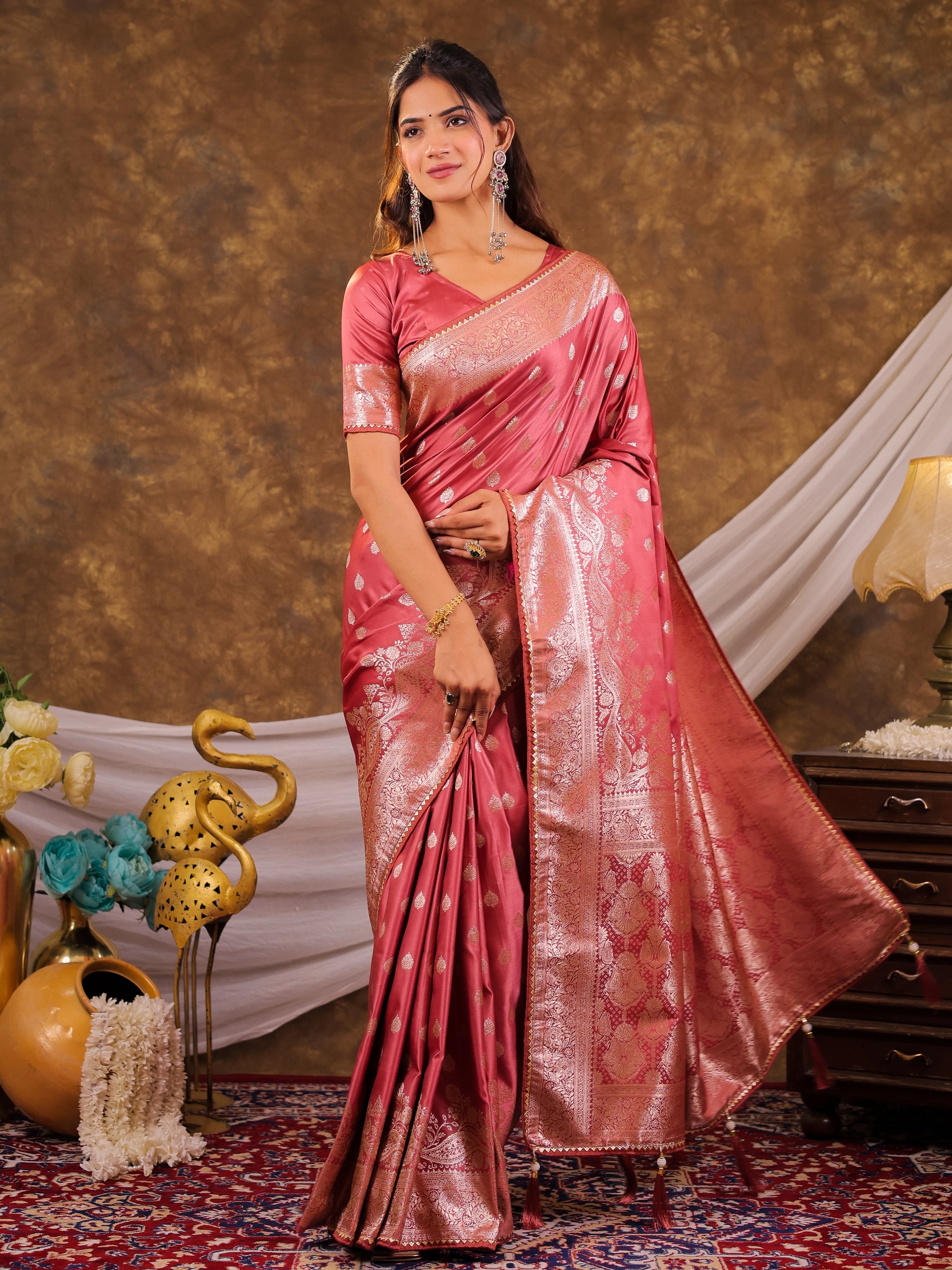 Rose Pink Kanjivaram Banarasi Satin Silk Saree with Antique Silver Zari Weaving, Rich Heritage Pallu & Tassel Detailing