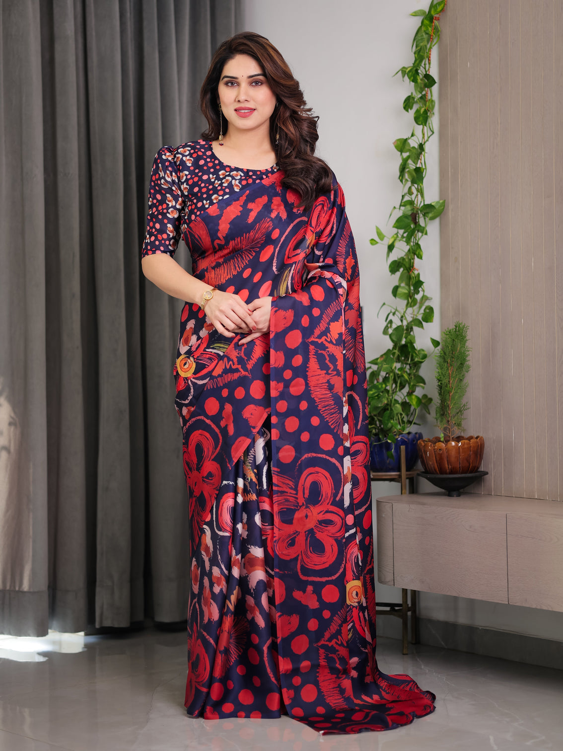 Navy blue abstract floral polka print satin georgette saree with red brushstroke motifs designer attached blouse mameraa