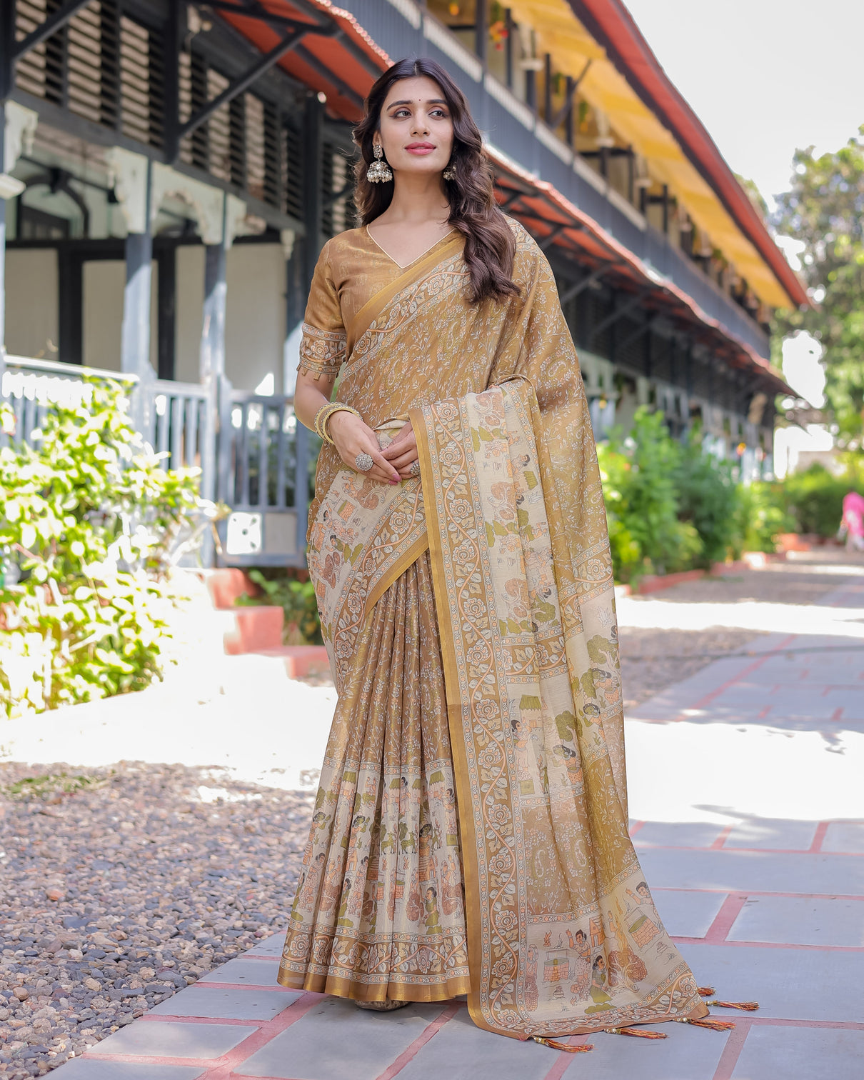 Mustard brown pure handloom cotton saree with village life digital print contrast pallu mameraa