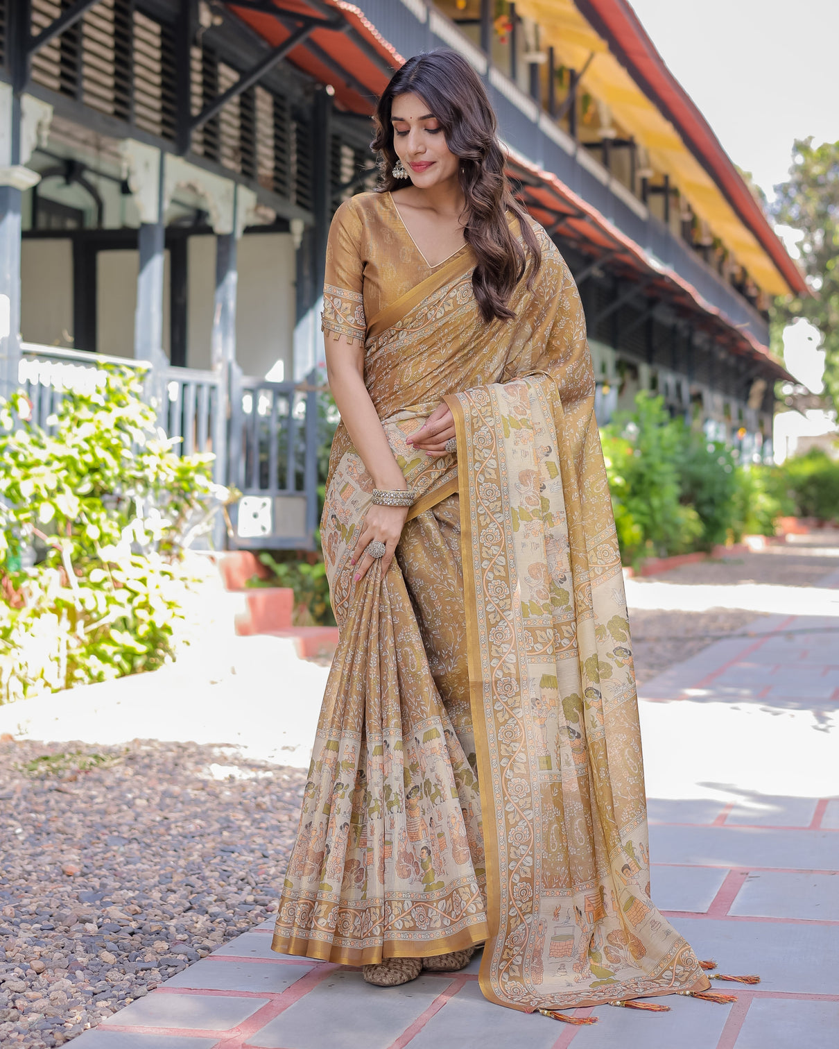 Mustard brown pure handloom cotton saree with village life digital print contrast pallu