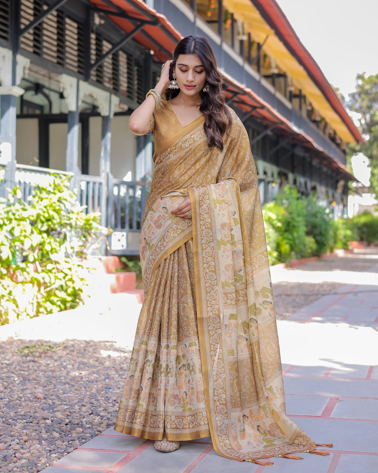 Mustard brown pure handloom cotton saree with village life digital print contrast pallu