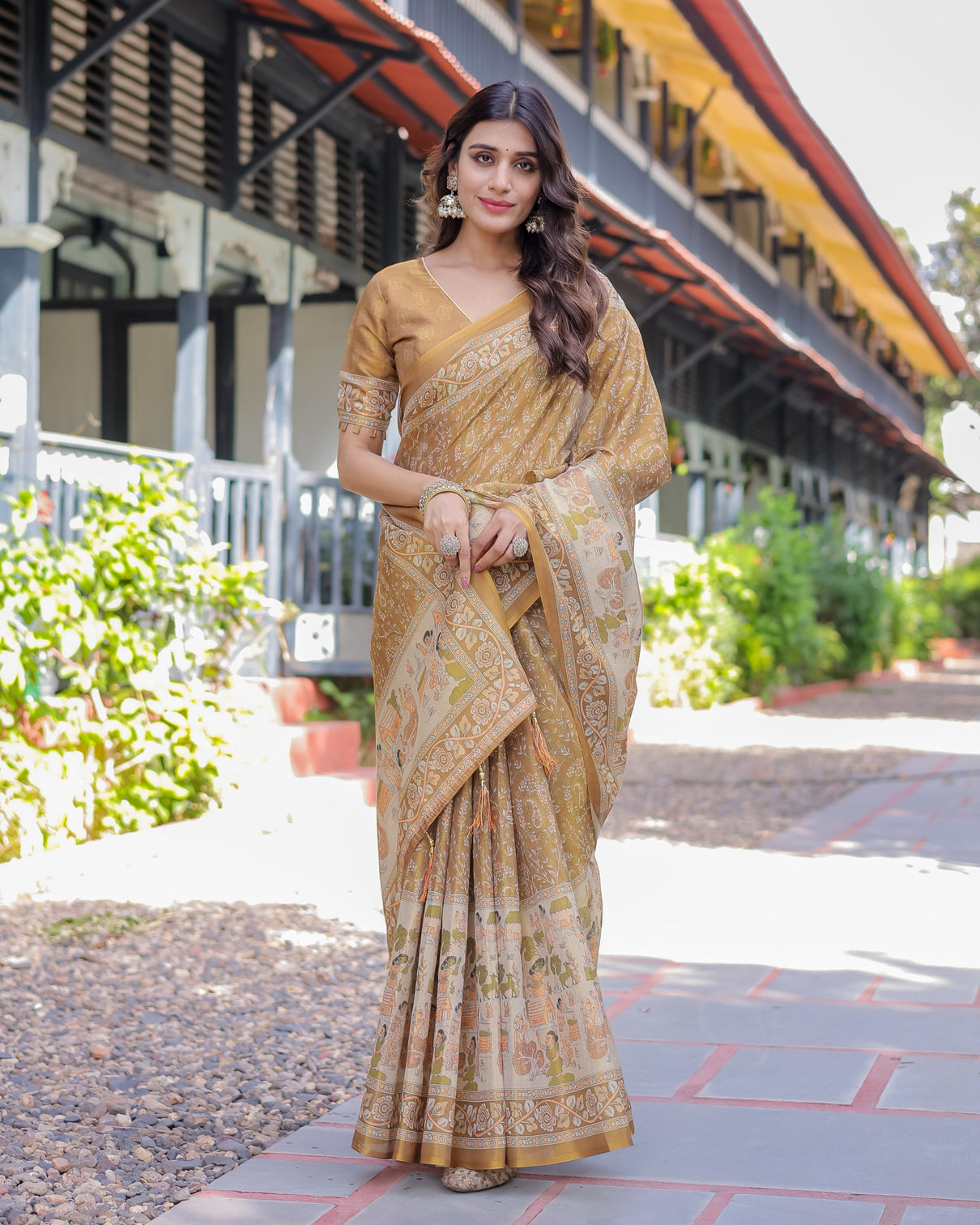 Mustard brown pure handloom cotton saree with village life digital print contrast pallu