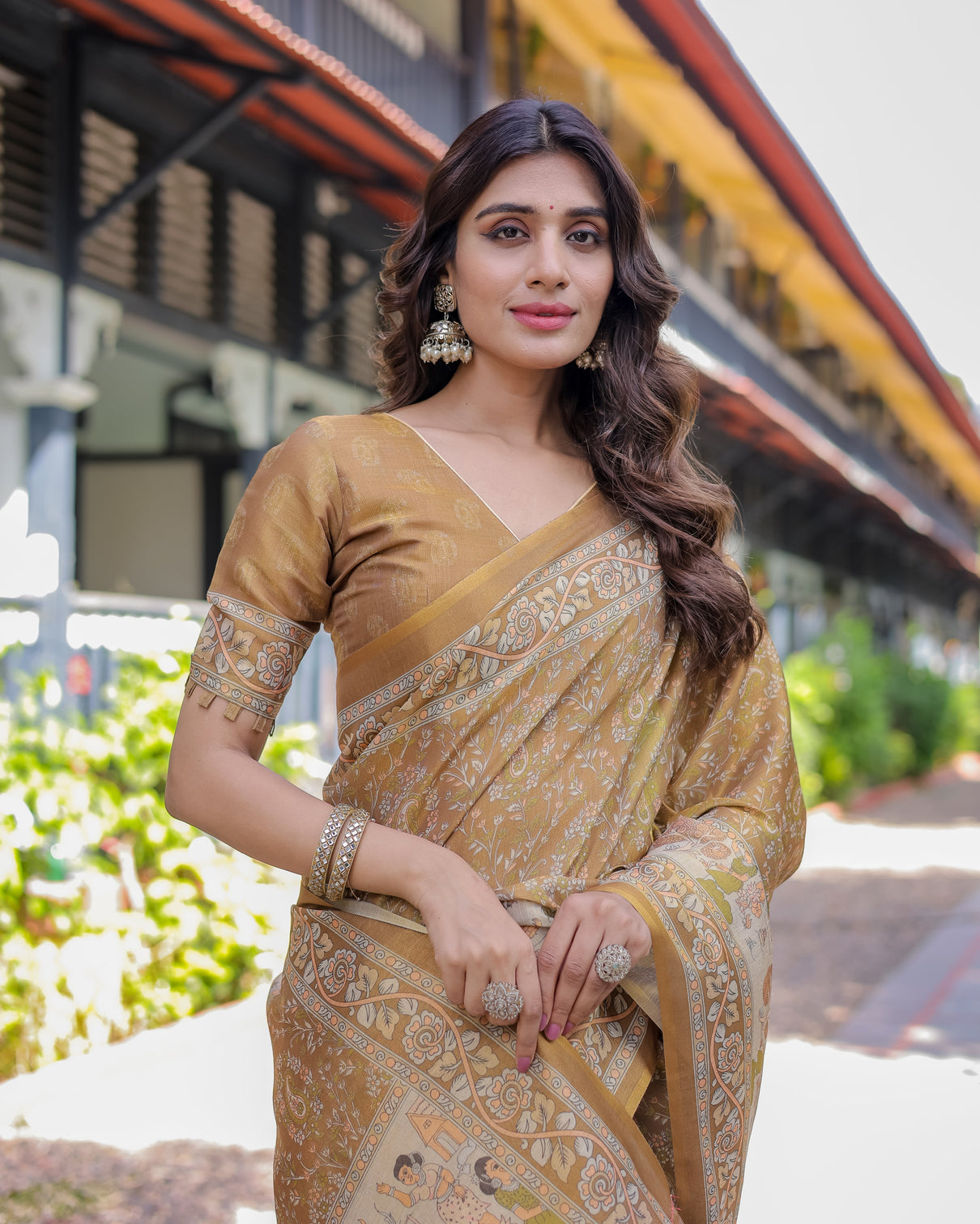 Mustard brown pure handloom cotton saree with village life digital print contrast pallu