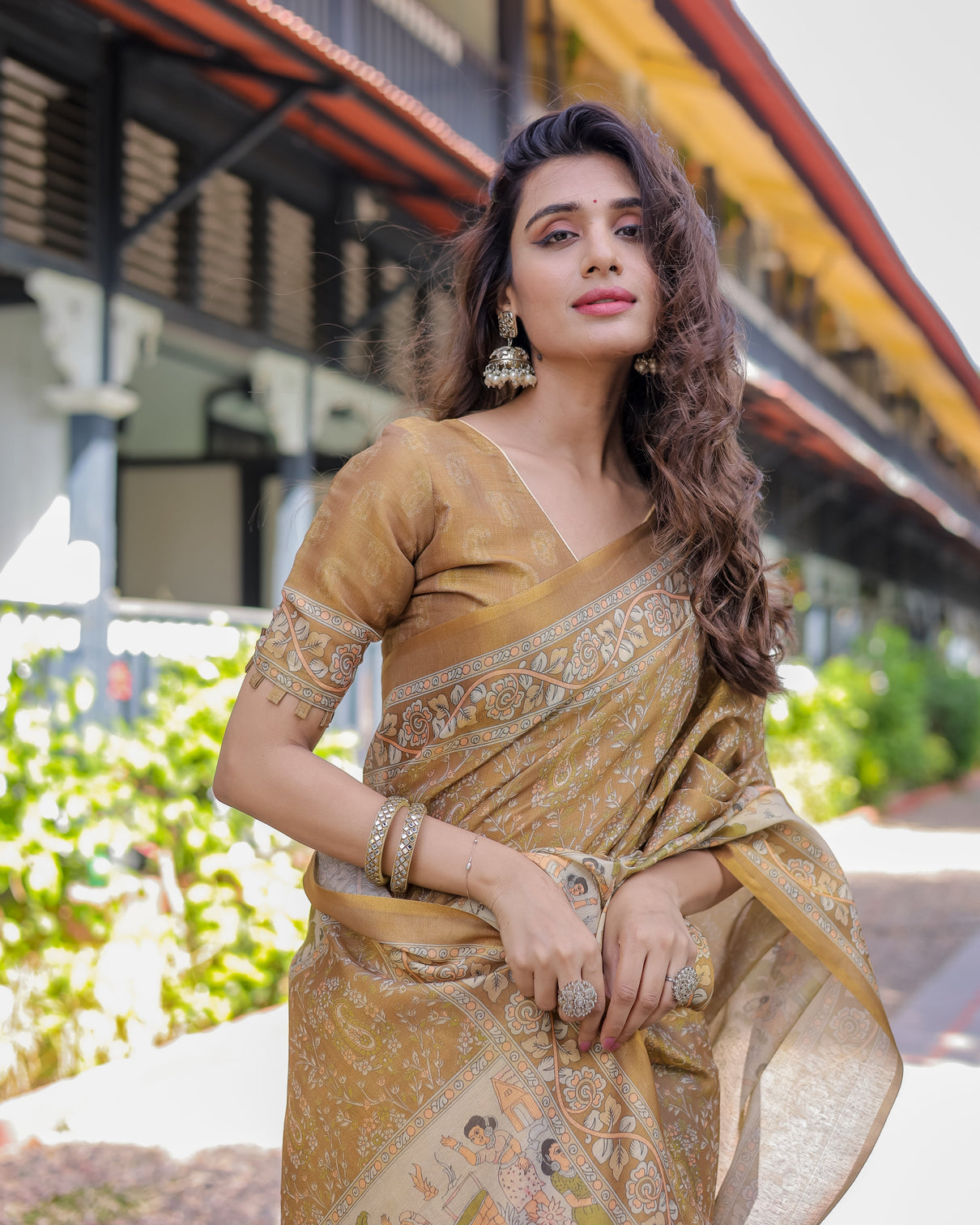 Mustard brown pure handloom cotton saree with village life digital print contrast pallu