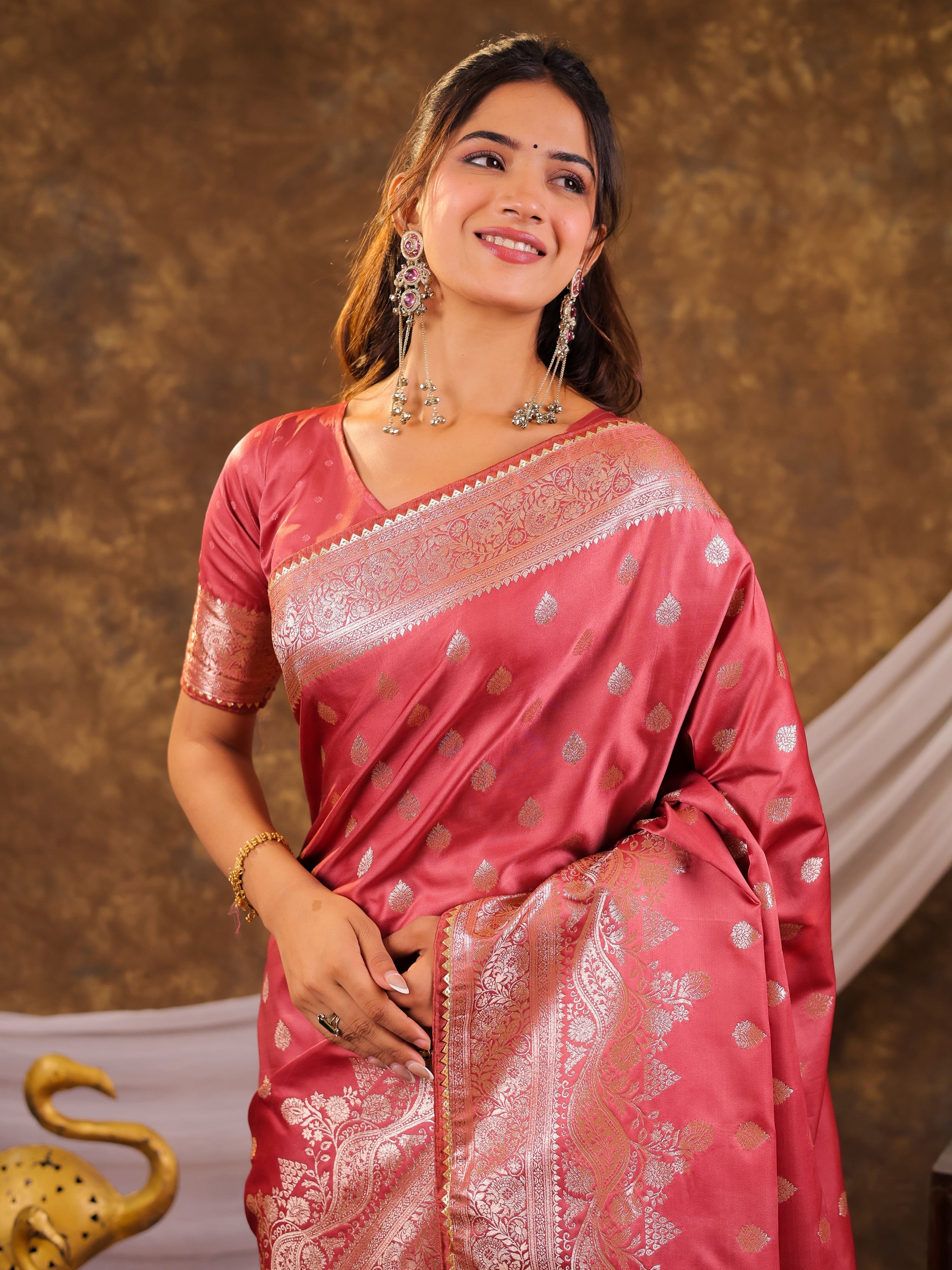 Rose Pink Kanjivaram Banarasi Satin Silk Saree with Antique Silver Zari Weaving, Rich Heritage Pallu & Tassel Detailing