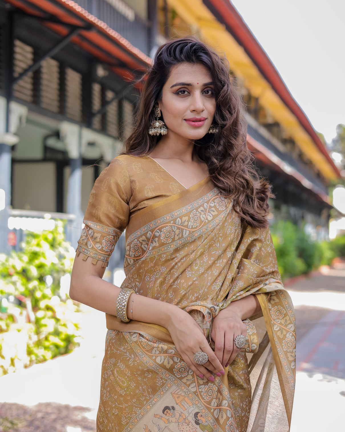 Mustard brown pure handloom cotton saree with village life digital print contrast pallu