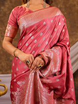 Rose Pink Kanjivaram Banarasi Satin Silk Saree with Antique Silver Zari Weaving, Rich Heritage Pallu & Tassel Detailing