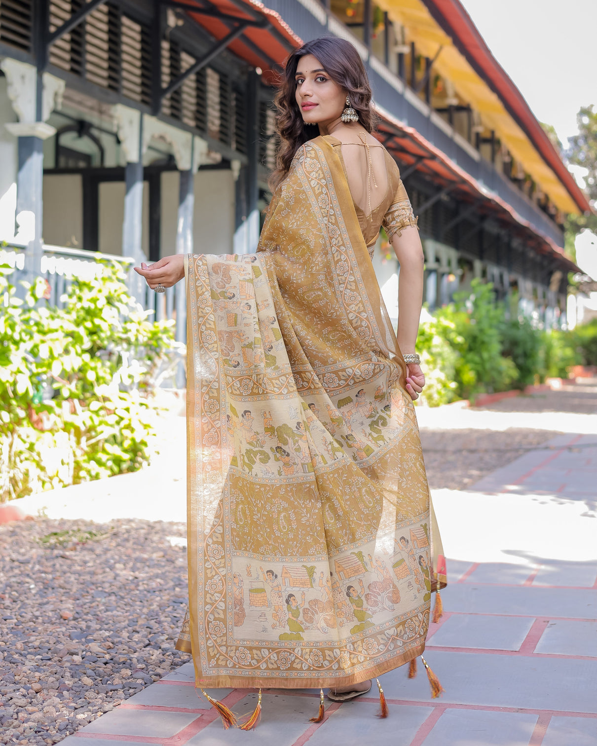 Mustard brown pure handloom cotton saree with village life digital print contrast pallu