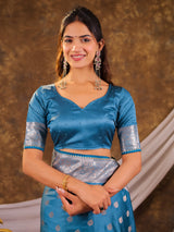 Sky Blue Kanjivaram Banarasi Satin Silk Saree with Antique Silver Zari Weaving, Rich Heritage Pallu & Tassel Detailing
