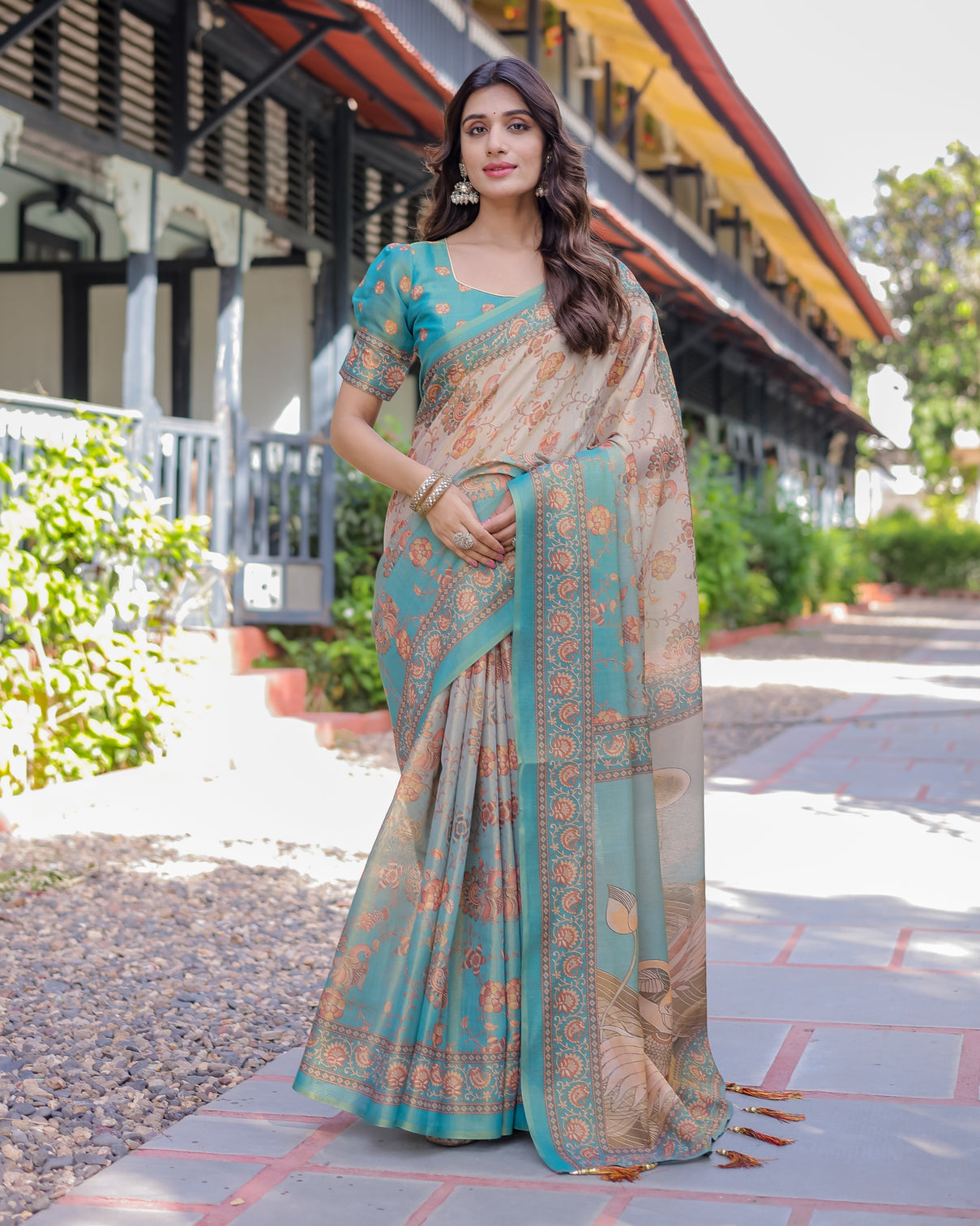 Teal beige handloom cotton saree with swan motif pallu floral digital print mameraa