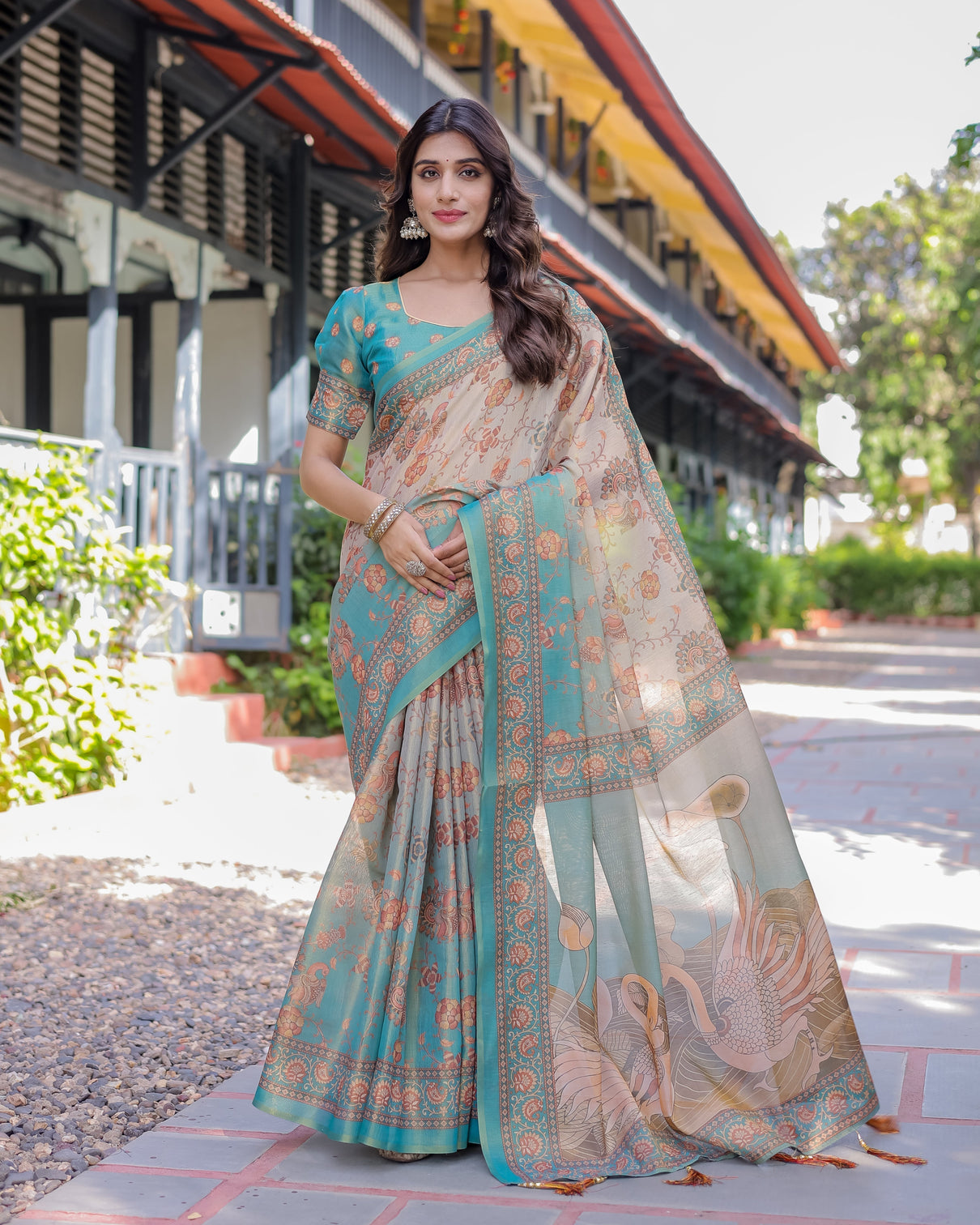 Teal beige handloom cotton saree with swan motif pallu floral digital print