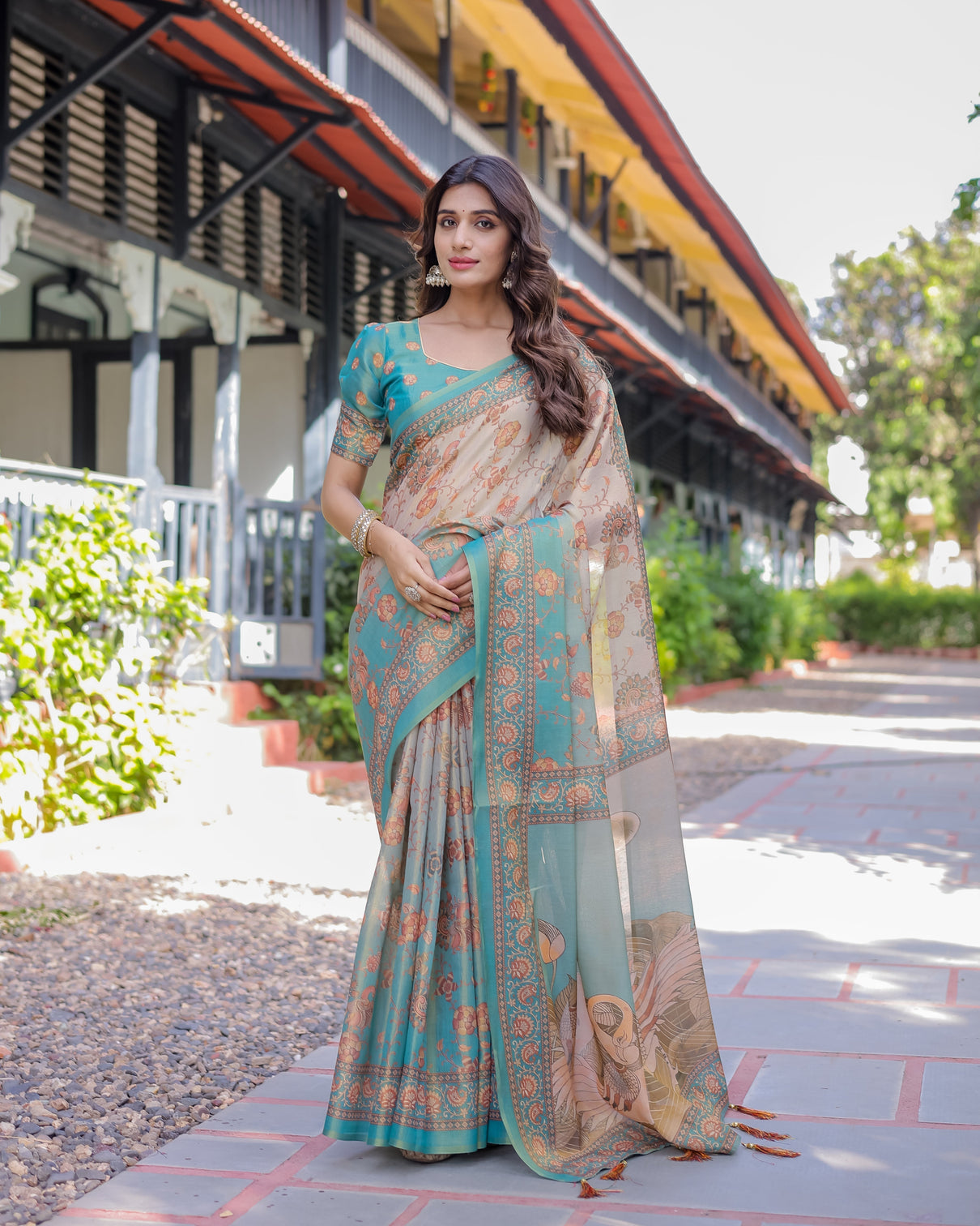 Teal beige handloom cotton saree with swan motif pallu floral digital print