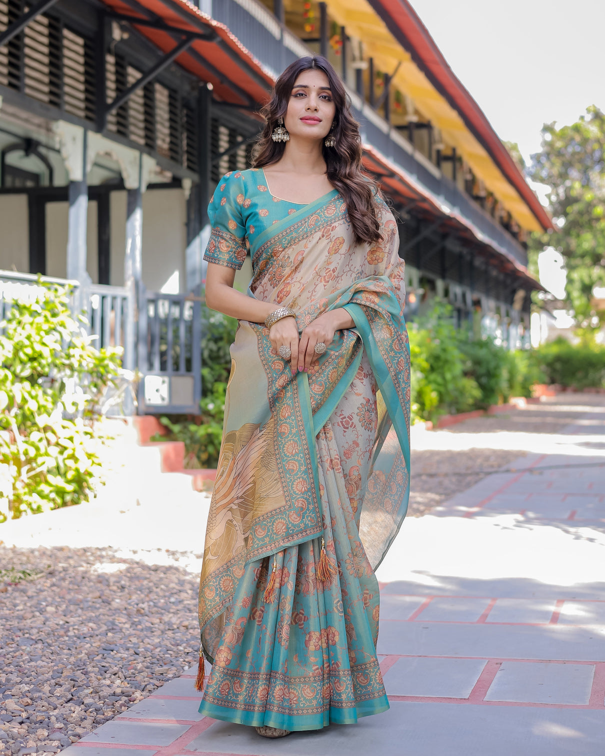 Teal beige handloom cotton saree with swan motif pallu floral digital print