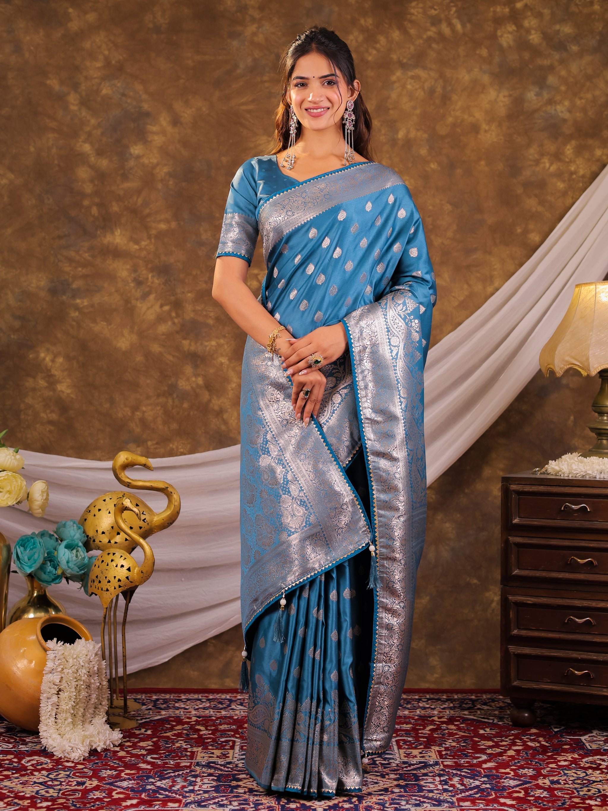 Sky Blue Kanjivaram Banarasi Satin Silk Saree with Antique Silver Zari Weaving, Rich Heritage Pallu & Tassel Detailing