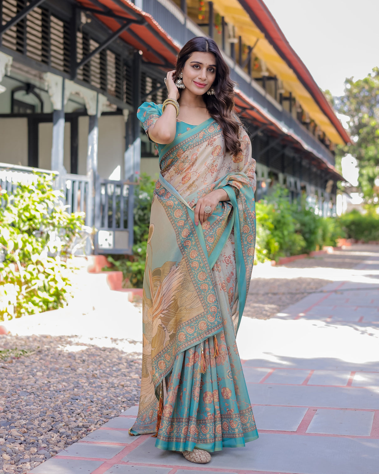 Teal beige handloom cotton saree with swan motif pallu floral digital print