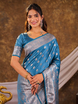 Sky Blue Kanjivaram Banarasi Satin Silk Saree with Antique Silver Zari Weaving, Rich Heritage Pallu & Tassel Detailing
