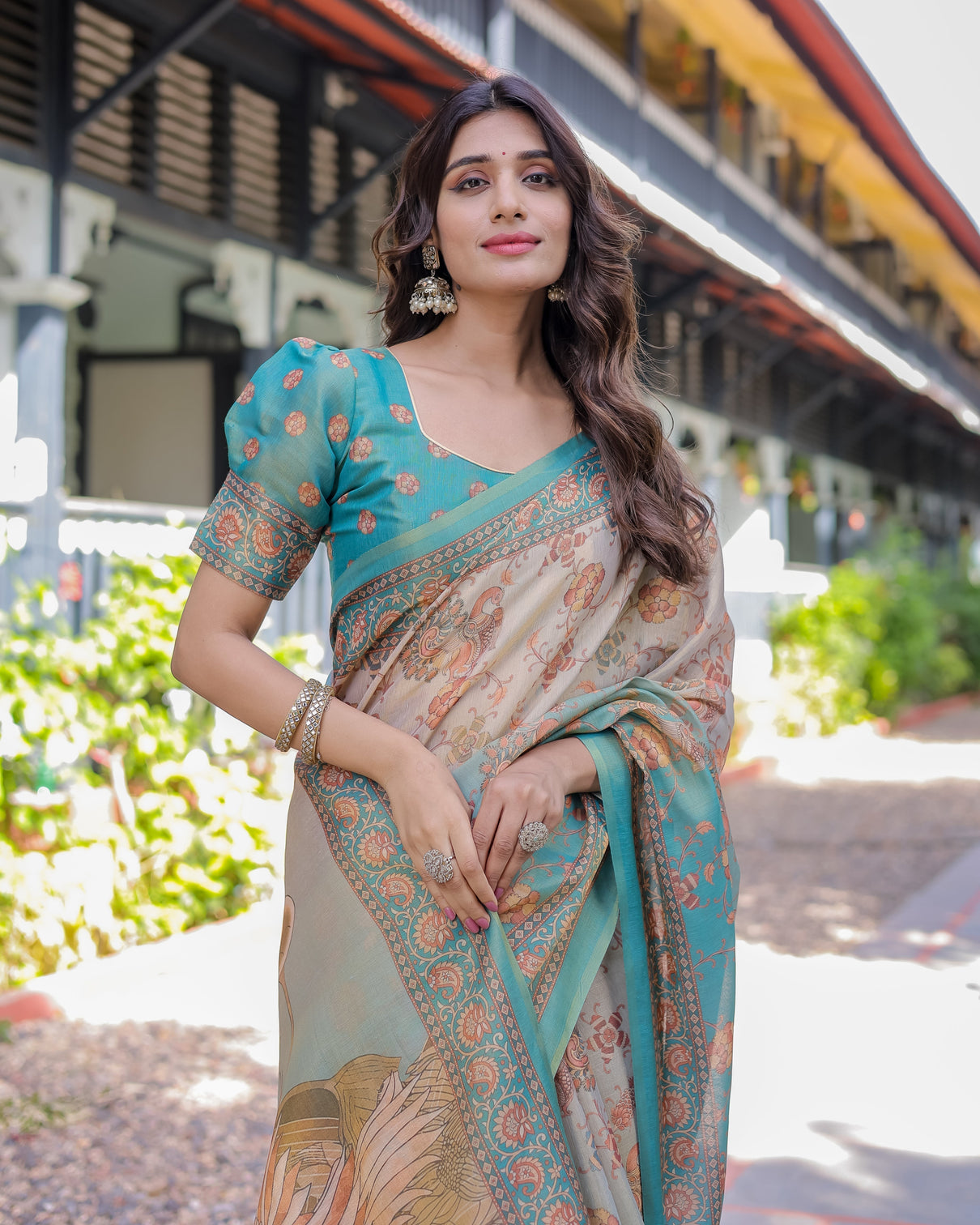 Teal beige handloom cotton saree with swan motif pallu floral digital print