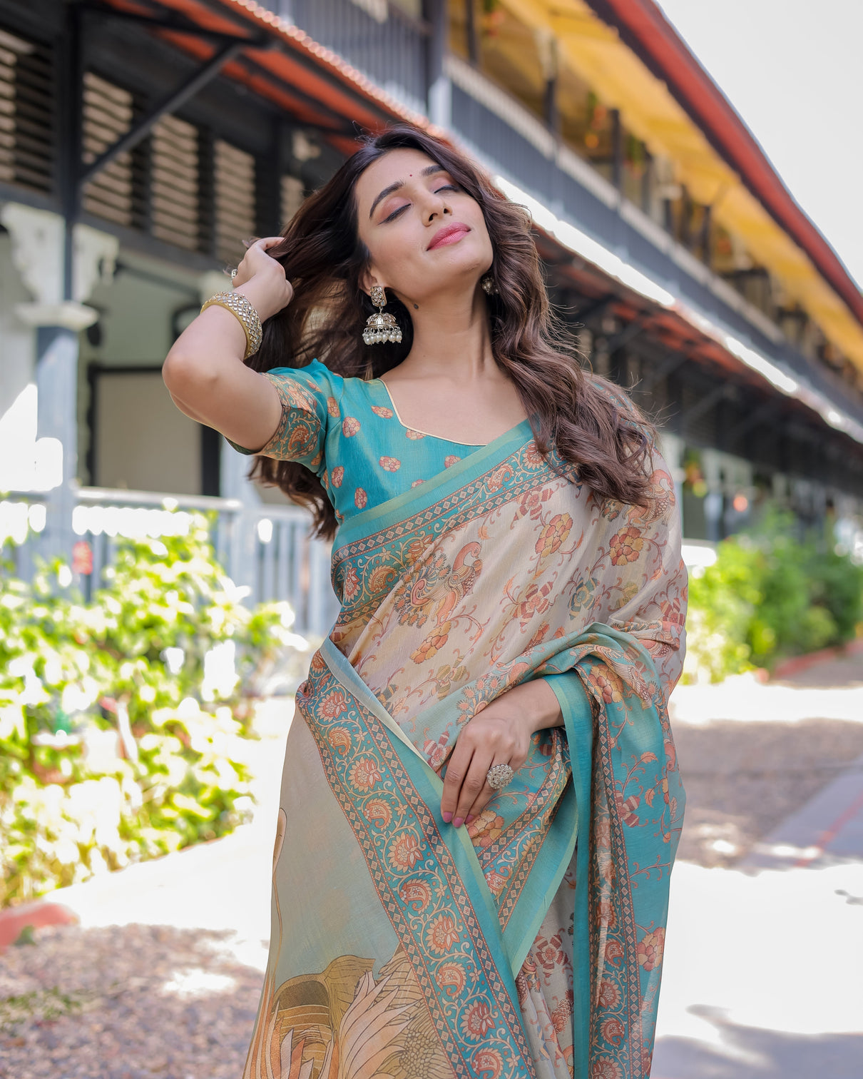 Teal beige handloom cotton saree with swan motif pallu floral digital print