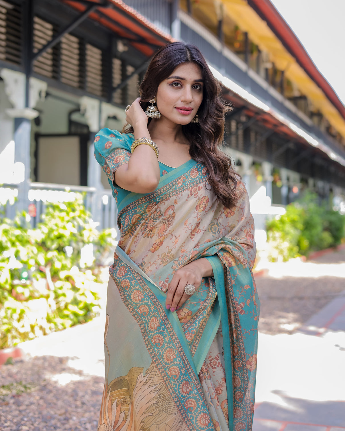 Teal beige handloom cotton saree with swan motif pallu floral digital print