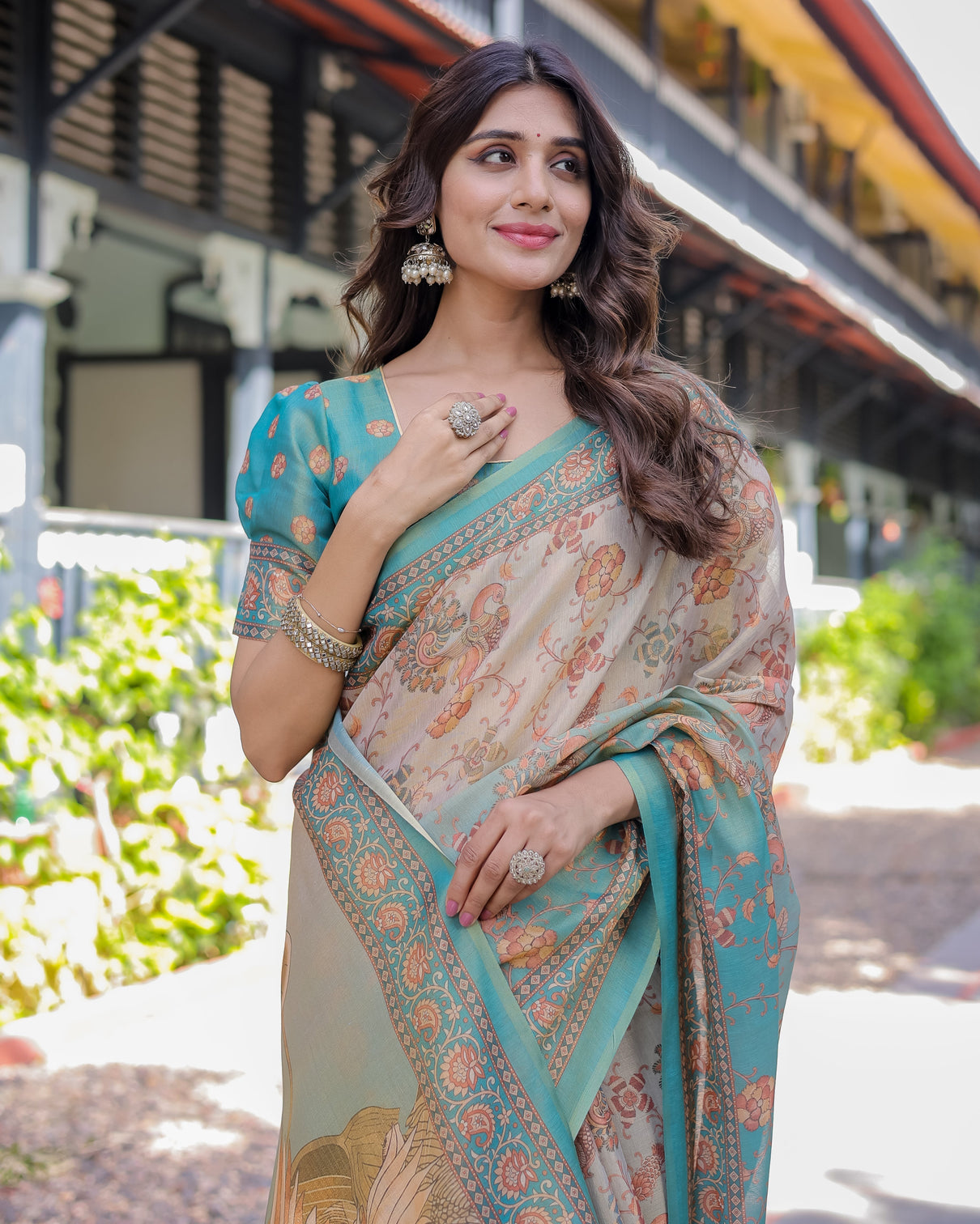 Teal beige handloom cotton saree with swan motif pallu floral digital print