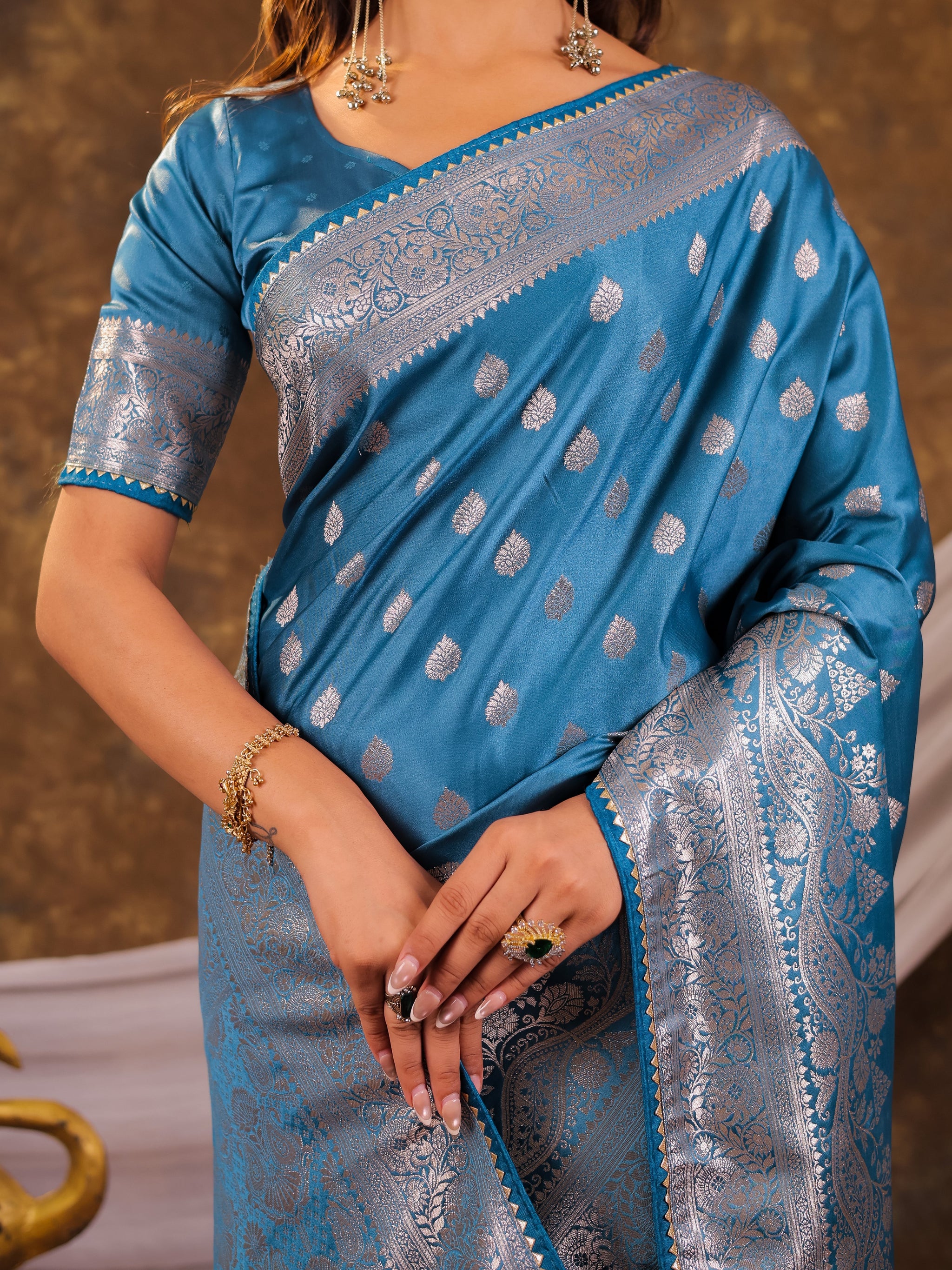 Sky Blue Kanjivaram Banarasi Satin Silk Saree with Antique Silver Zari Weaving, Rich Heritage Pallu & Tassel Detailing