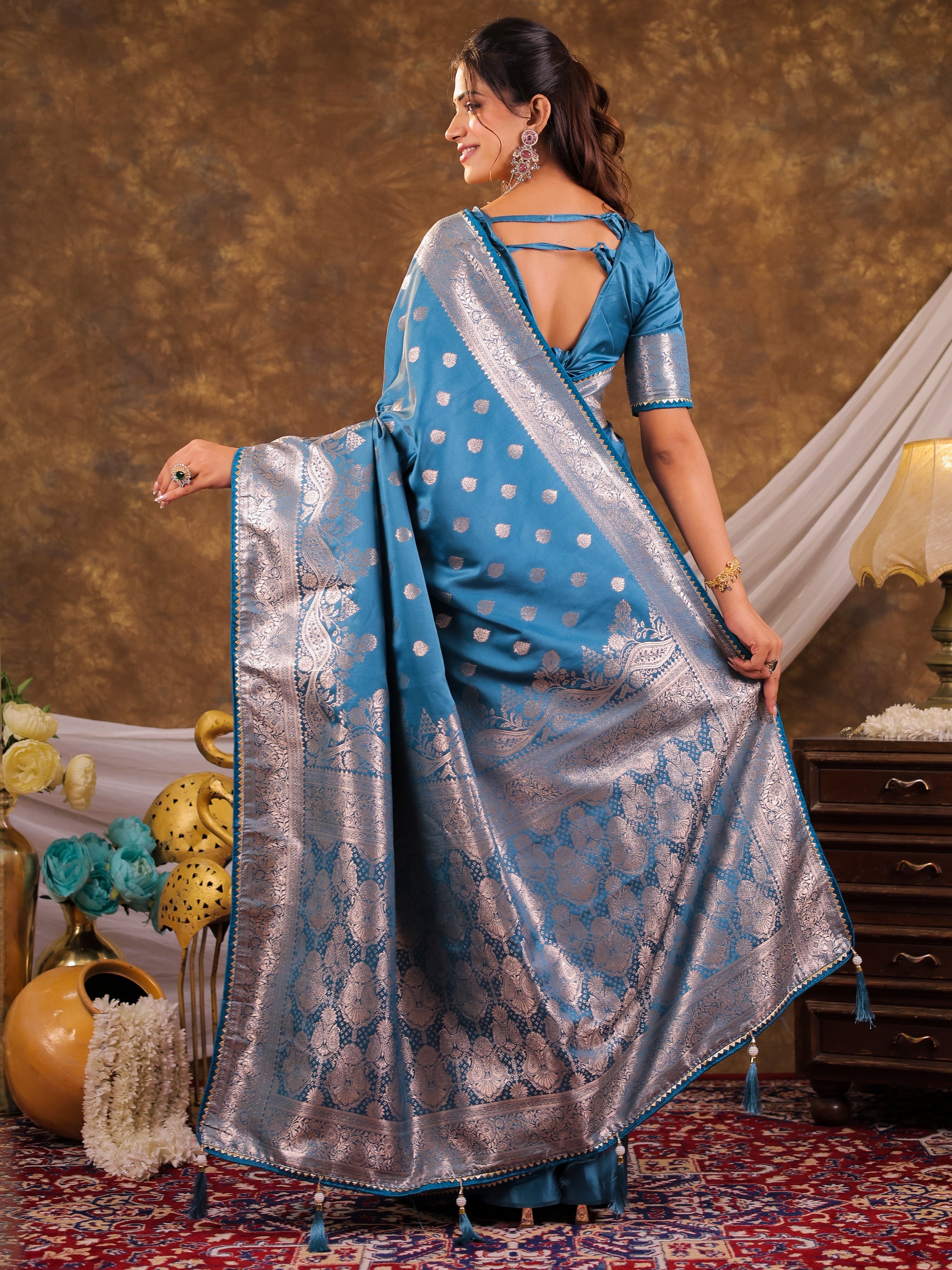 Sky Blue Kanjivaram Banarasi Satin Silk Saree with Antique Silver Zari Weaving, Rich Heritage Pallu & Tassel Detailing