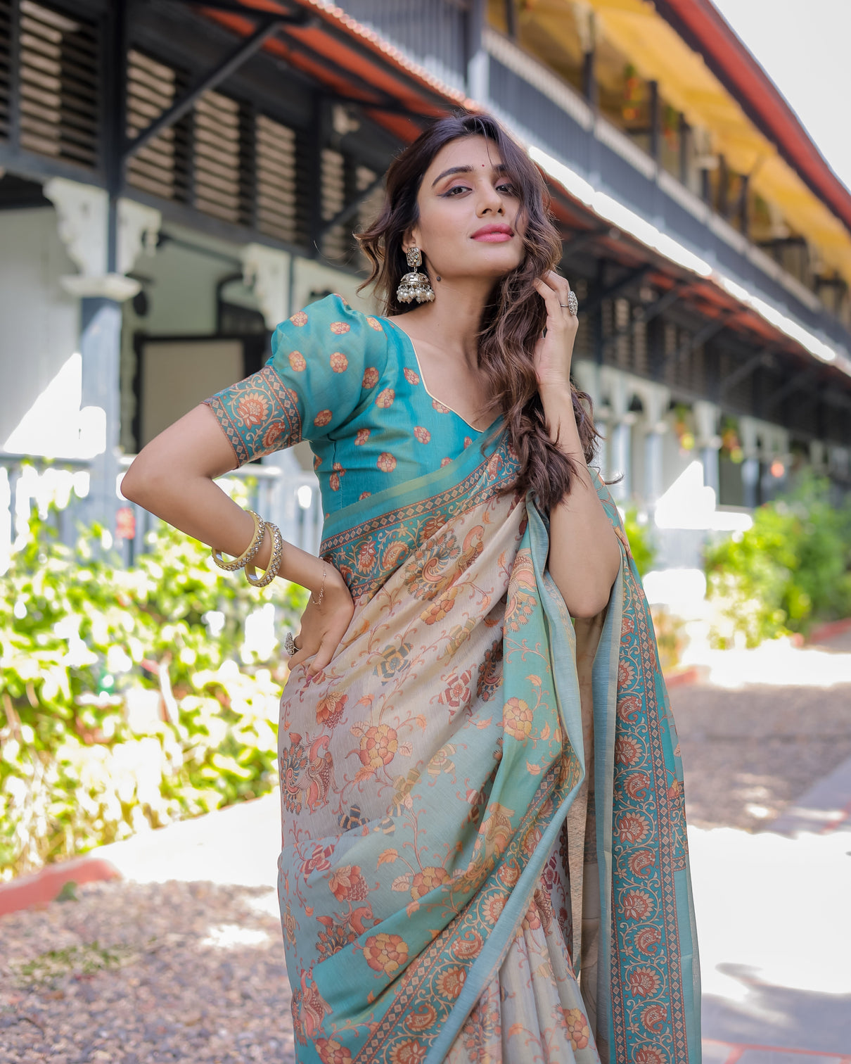 Teal beige handloom cotton saree with swan motif pallu floral digital print