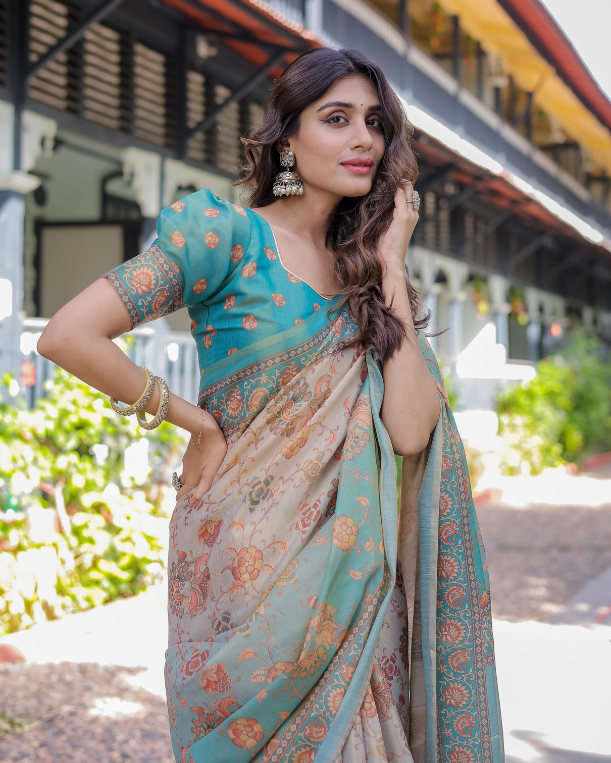 Teal beige handloom cotton saree with swan motif pallu floral digital print