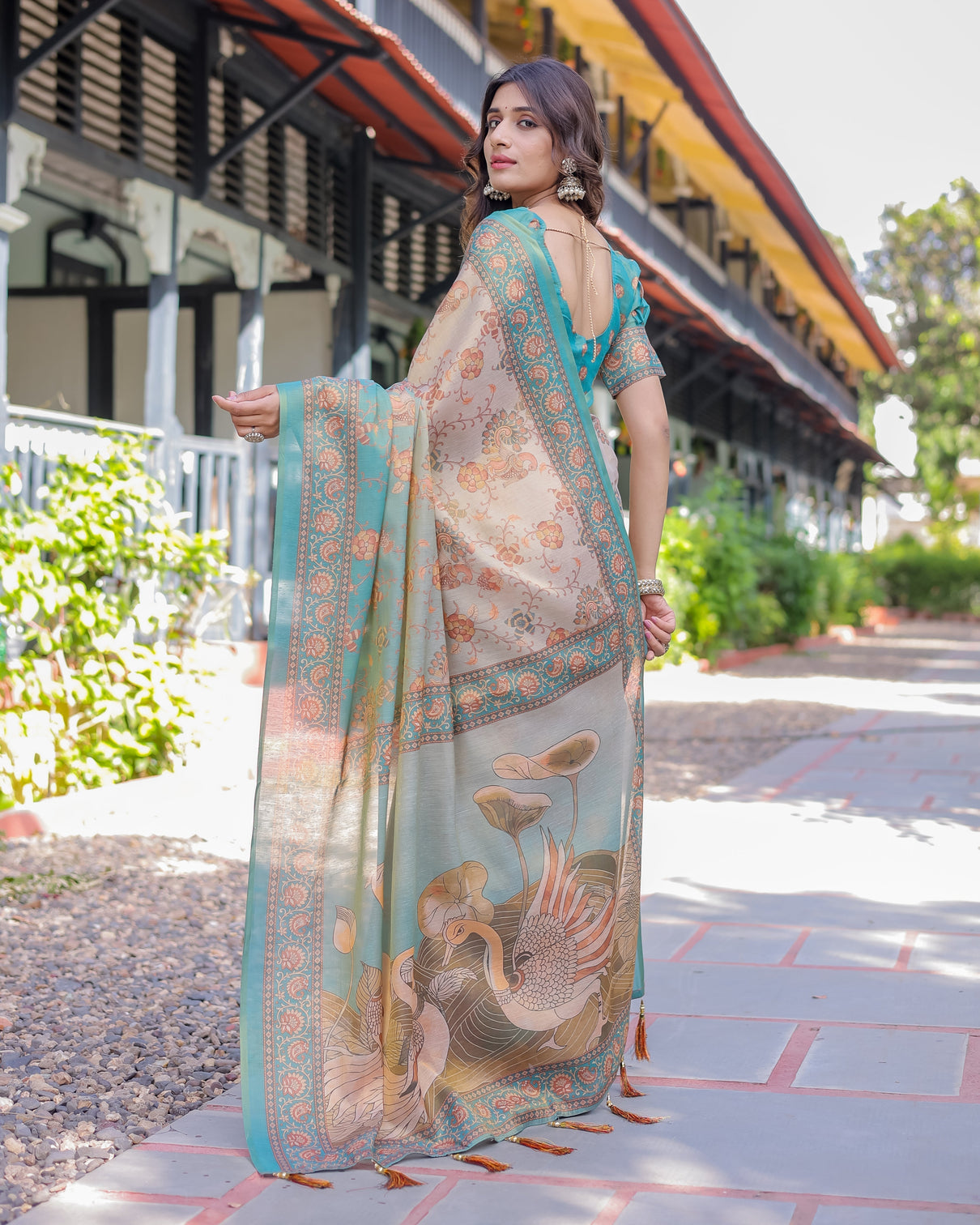 Teal beige handloom cotton saree with swan motif pallu floral digital print
